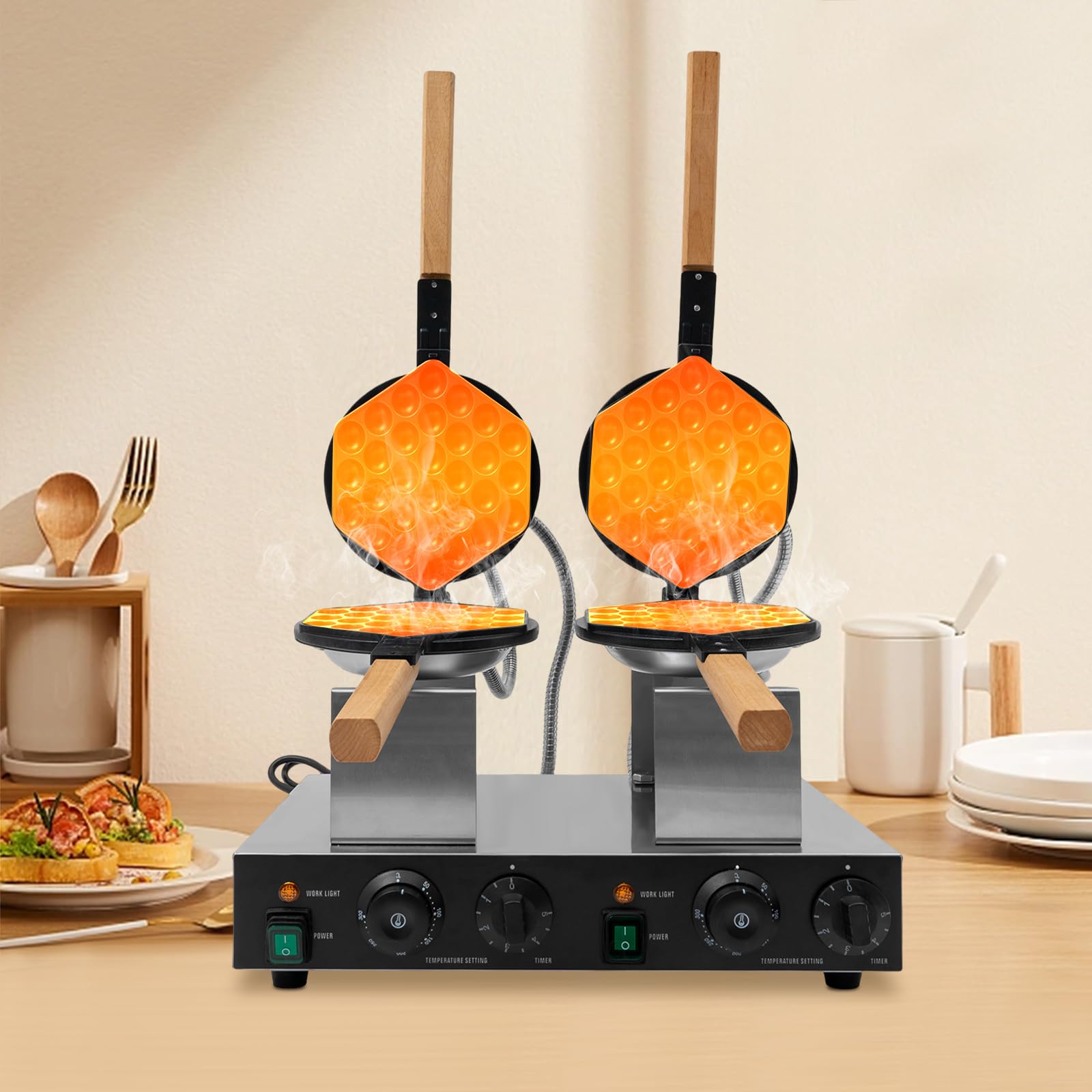 Máquina para hacer gofres de doble cabeza de panal, 2830 W | Máquina para hacer gofres de huevos con revestimiento antiadherente y temporizador, 50 a 300 °C para cafetería o restaurante