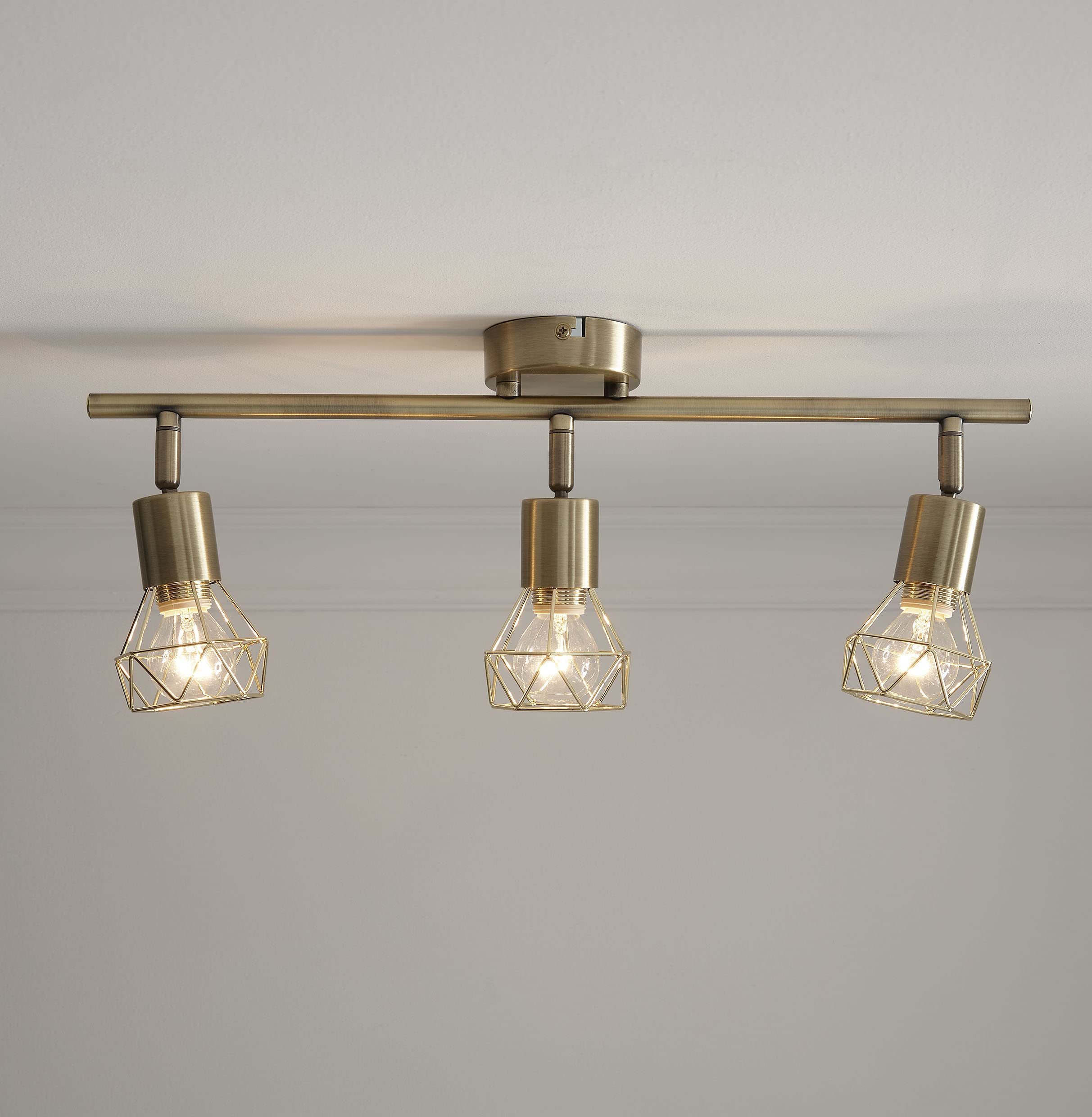 Juno Antique Brass 3lt Bar Ceiling Fitting with Brass Wired Shades
