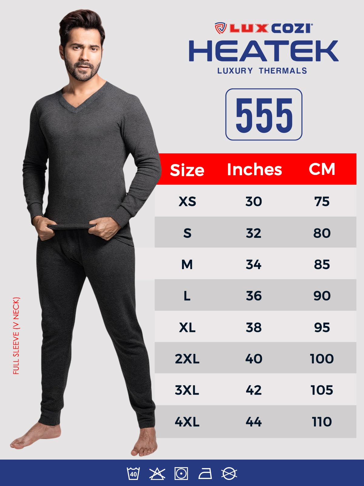 Lux Cozi HEATEK Ensemble thermique pour homme avec col en V et manches longues pour la peau | Ensemble thermique pour homme | Style 555