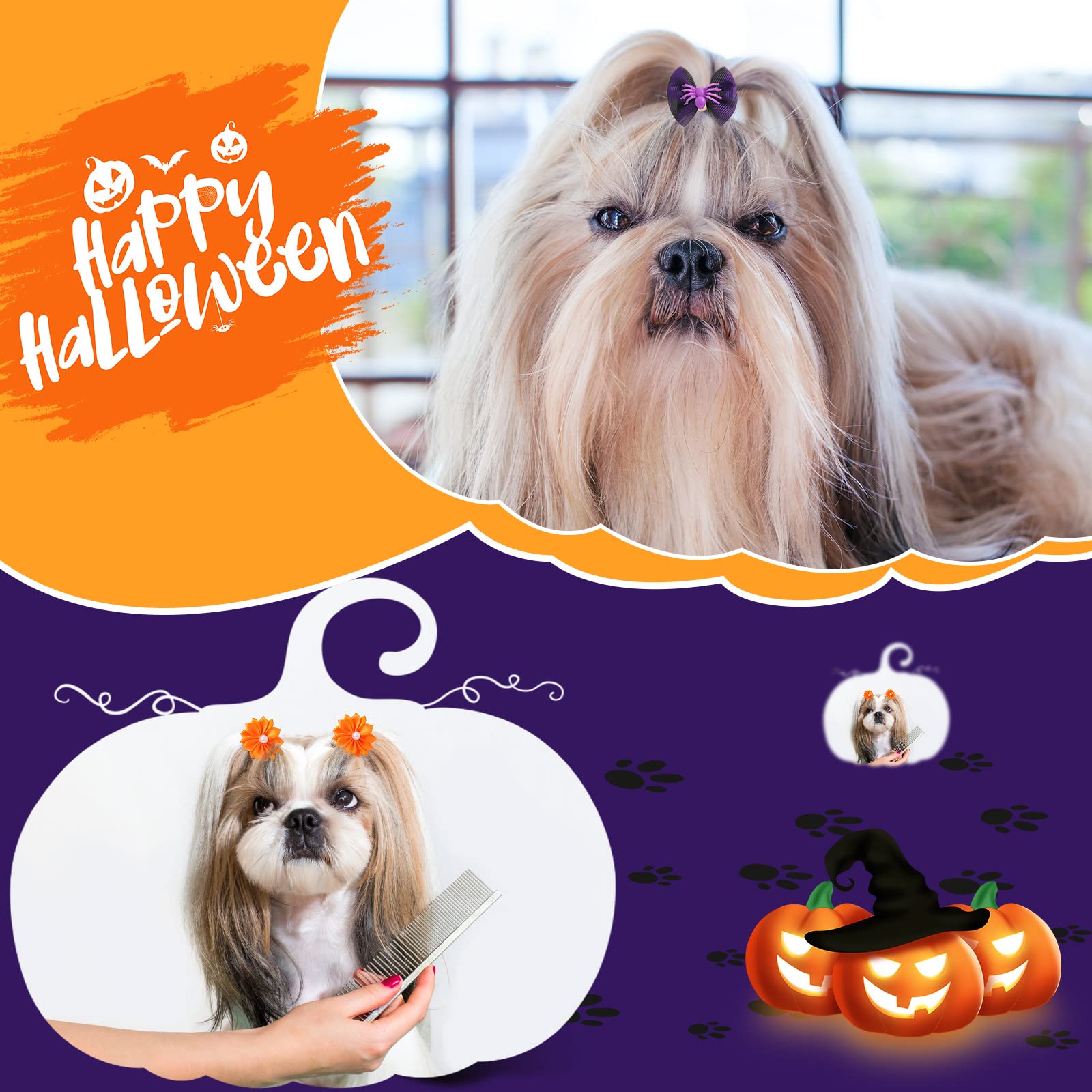 Xuniea 120 Pezzi Fiocchi di Pelo di Cane di Halloween con Elastici Fiocco di Fiori Fiocchi per Capelli di Cane Yorkie Fiocchi di Strass Perle Accessorio per Toelettatura di Cucciolo Piccolo