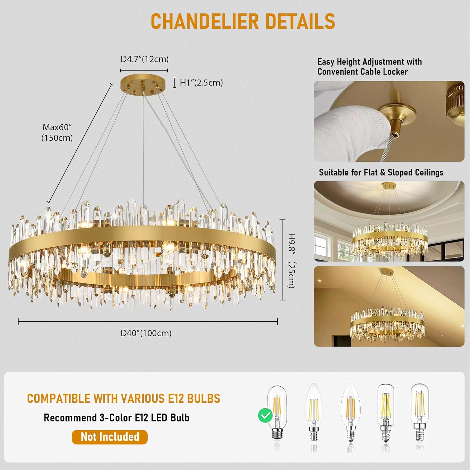 Modern Crystal Chandelier, 40" Round Gold Chandeliers for Living Room, 20-Lights 2 Tiers Luxury K9 Crystal Dining Room Chandelier Over Table, Adjustable Chandeliers for Foyer Entryway