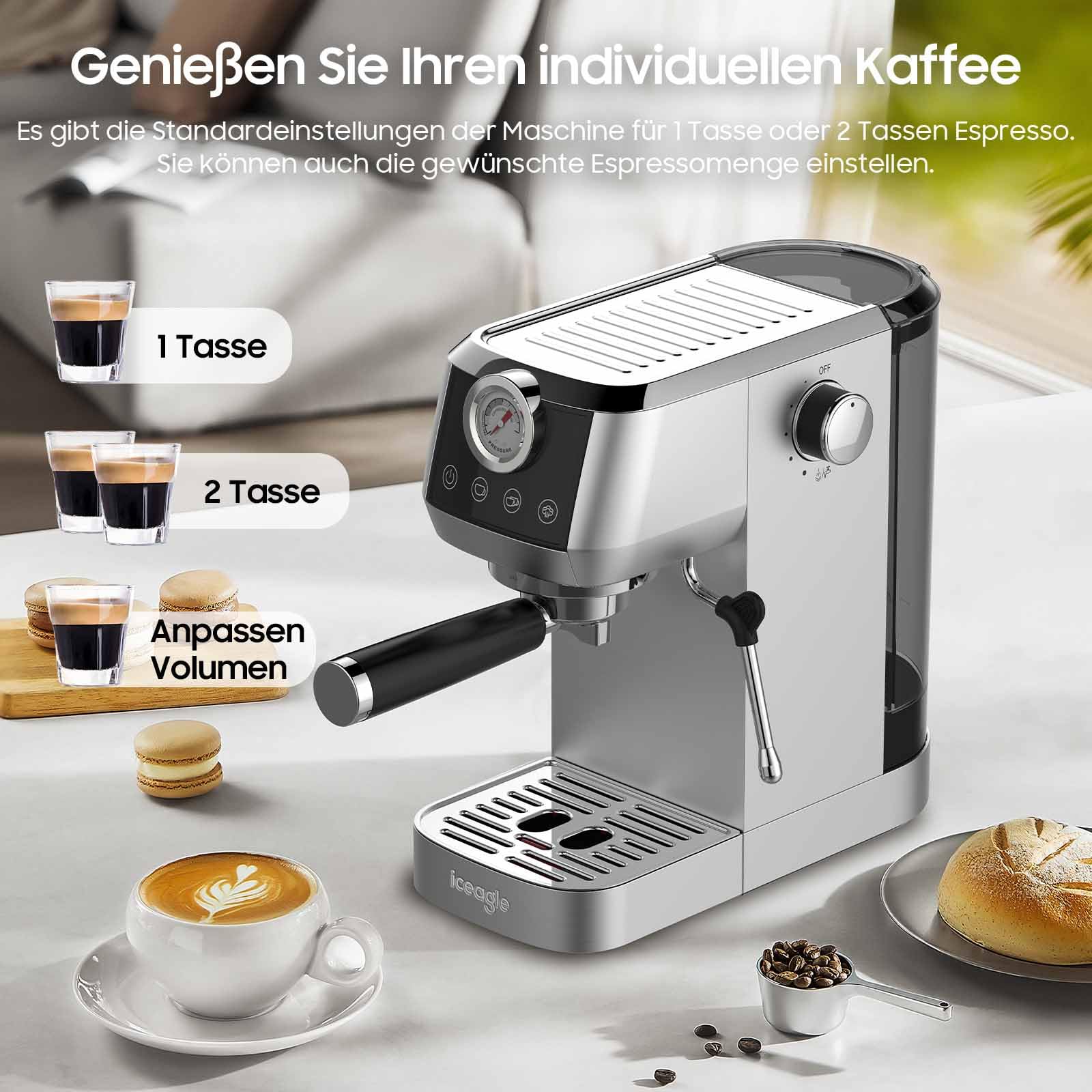 iceagle Espressomaschine CM1665B 20 Bar Italienischer Pumpe Siebträgermaschine Edelstahl Kaffeemaschine Espresso Cappuccino Latte Touchscreen Druckanzeige 1.3L Wassertank
