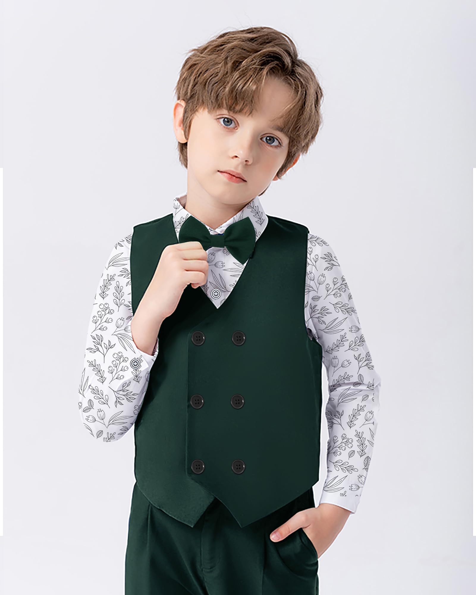 Completini e Coordinati Bambini Abbigliamento Ragazzo Battesimo Cerimonia Abbigliamento Set + Maniche Lunghe Camicia + Papillon + Gilet + Pantaloni 6-10 Anni