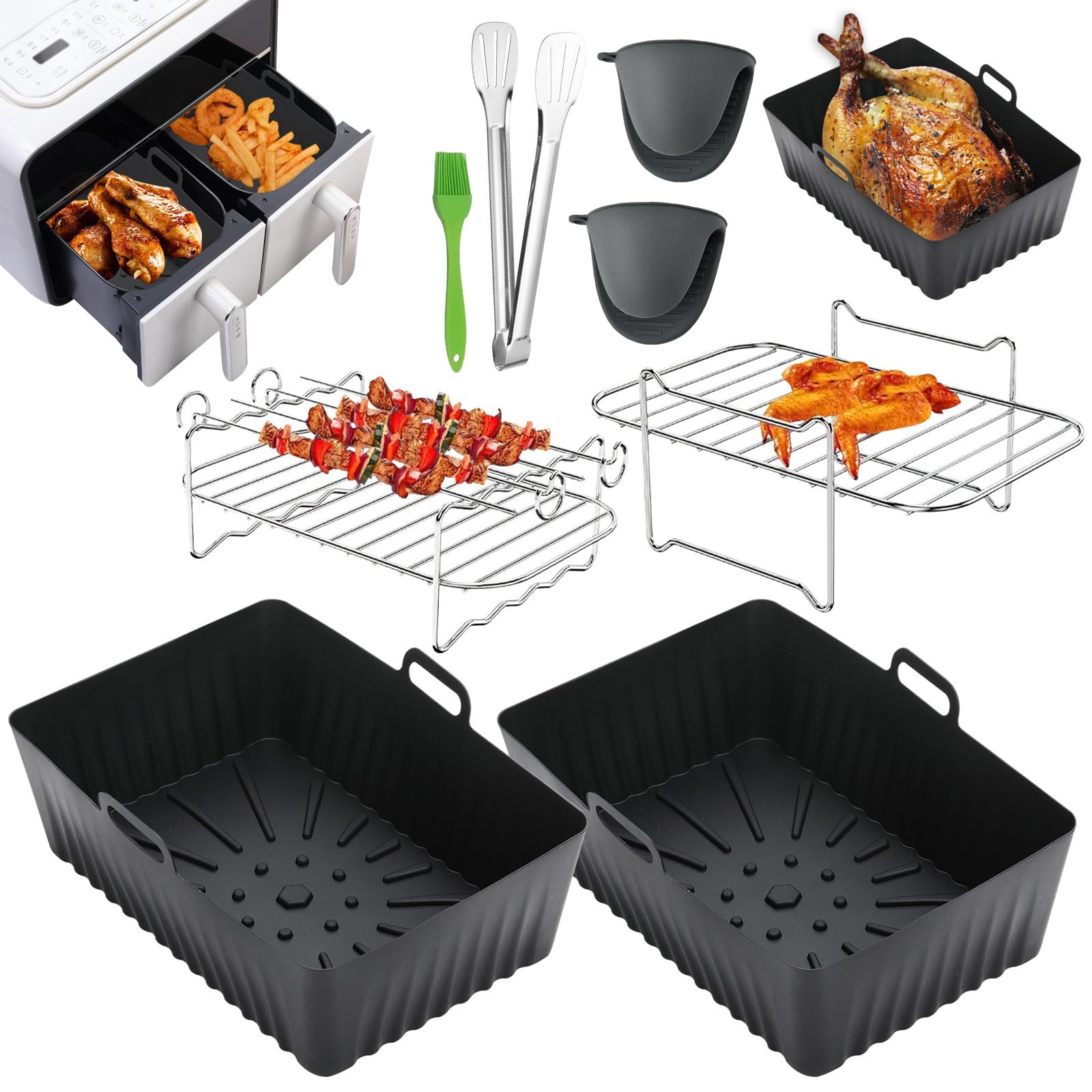 Anttyscar 8PCS Silicone Air Fryer Liner,Air Fryer Accessories for Tower Vortx T17100 Vizion Dual Basket,Air Fryer Racks,Reusable Air Fryer Food Safe Dual Basket,Silicone Pot for Oven,Microwave,Black