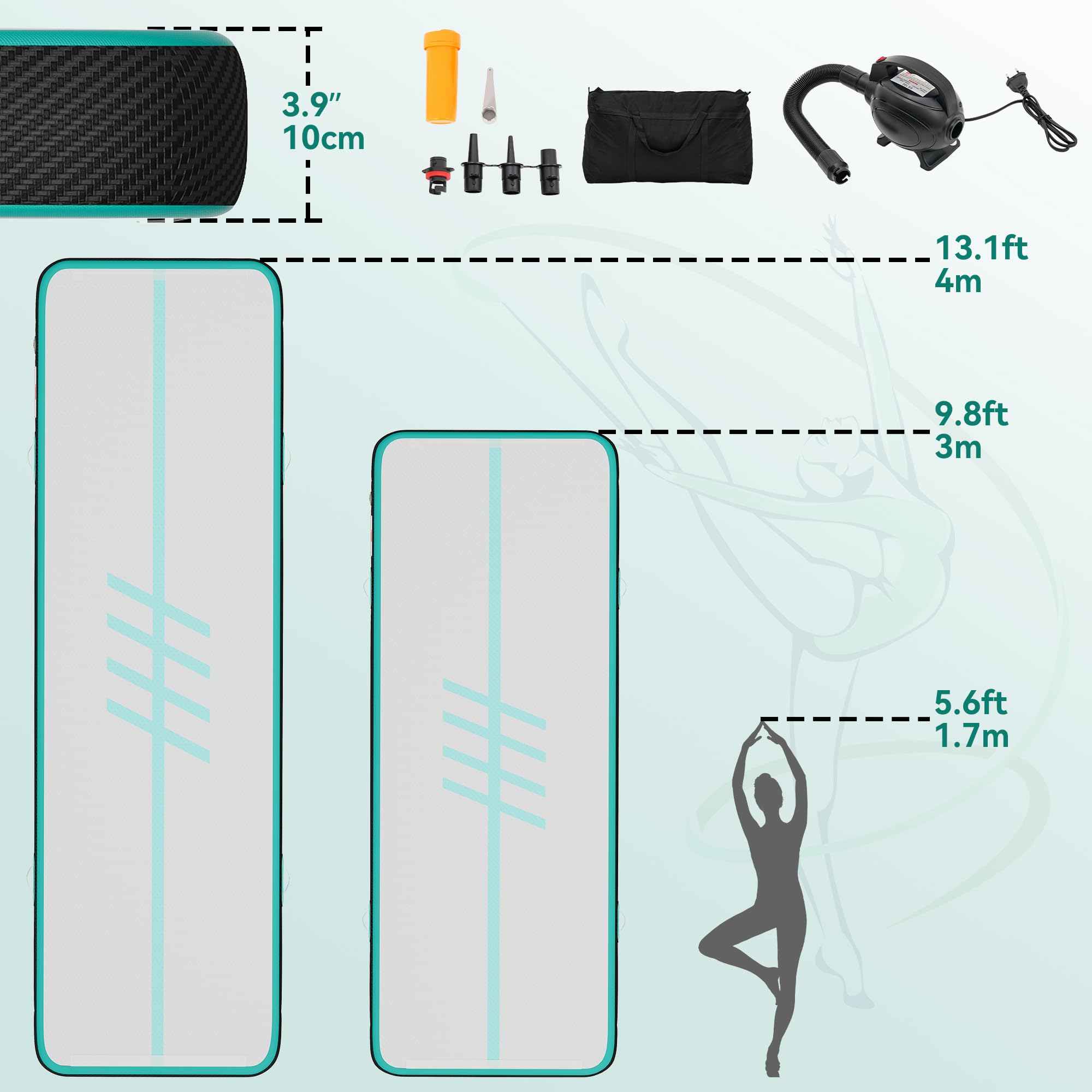 TAUS 3M/4M Air Matte Track,Tumbling Mat/bordo in fibra di carbonio con pompa ad aria elettrica, 10 cm di altezza, tappetino gonfiabile, per allenamento/tumbling/yoga/fitness