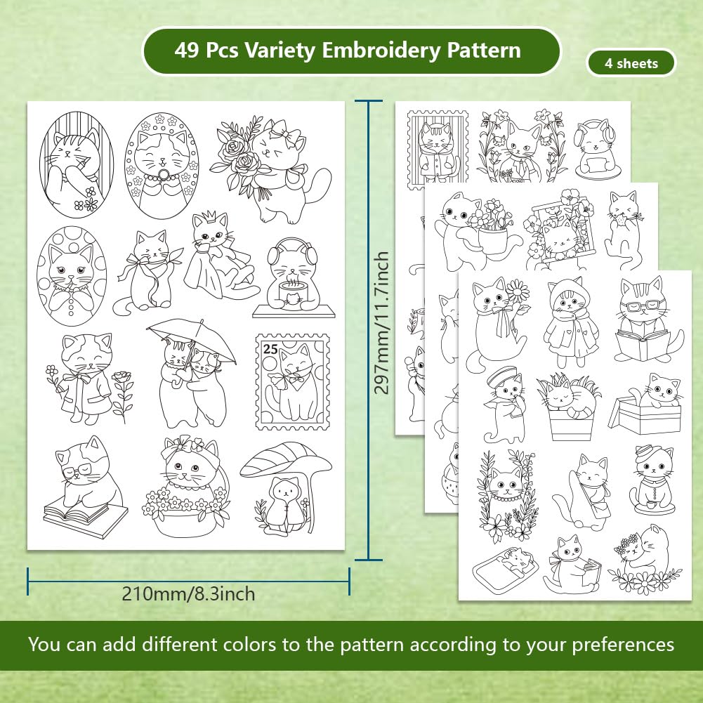 BENECREAT 4 Sheets 49pcs Cat and Flower Water Soluble Stabilizer Hand Sewing Stabilizers, Flower with Animal Transfer Washable Stick and Stitch Embroidery Paper for Hand Sewing Beginners