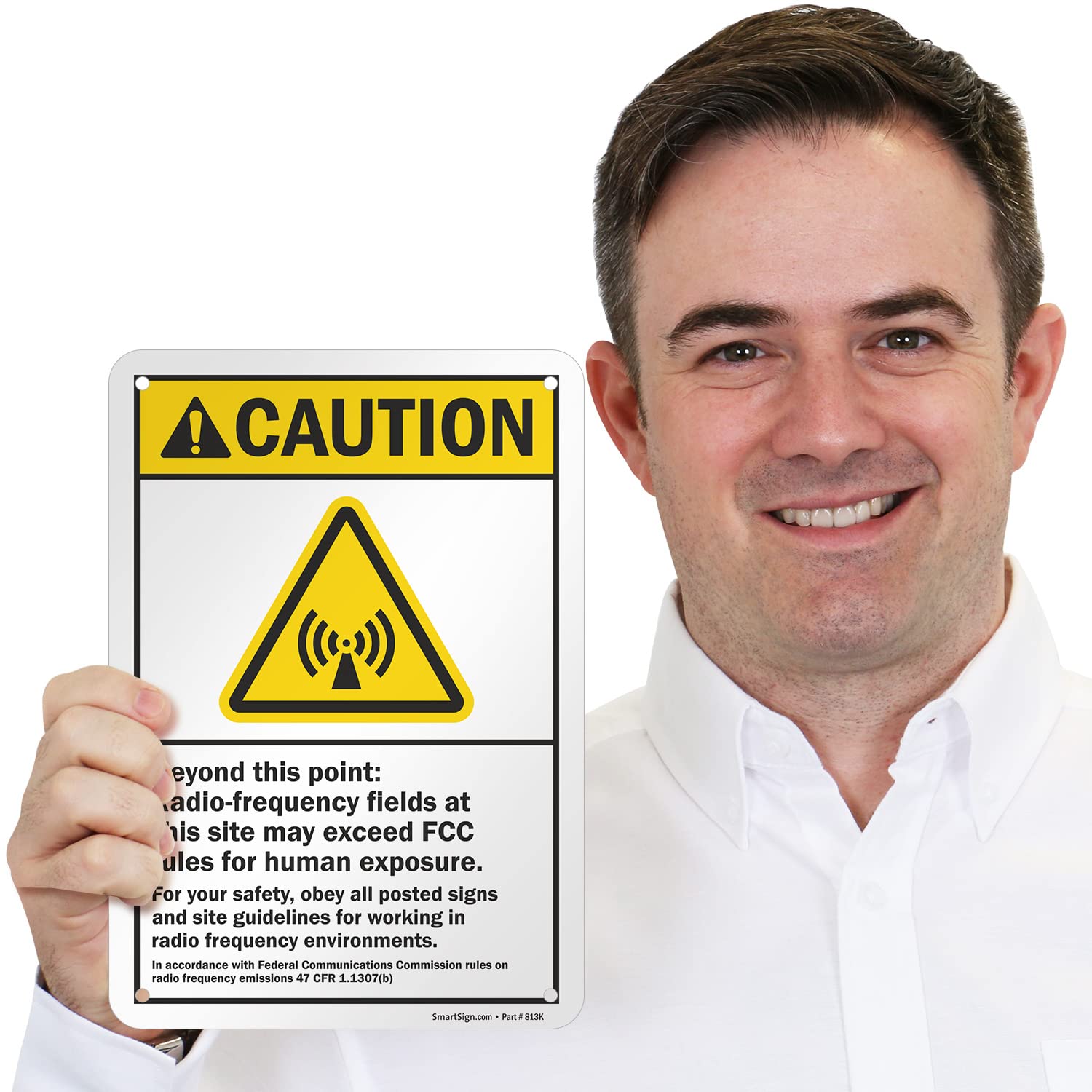 SmartSign 10 x 7 inch “Caution - Beyond This Point: Radio-Frequency Fields May Exceed FCC Rules for Human Exposure” ANSI Metal Sign, 40 mil Laminated Rustproof Aluminum, Yellow, Black and White — Amazon image 7