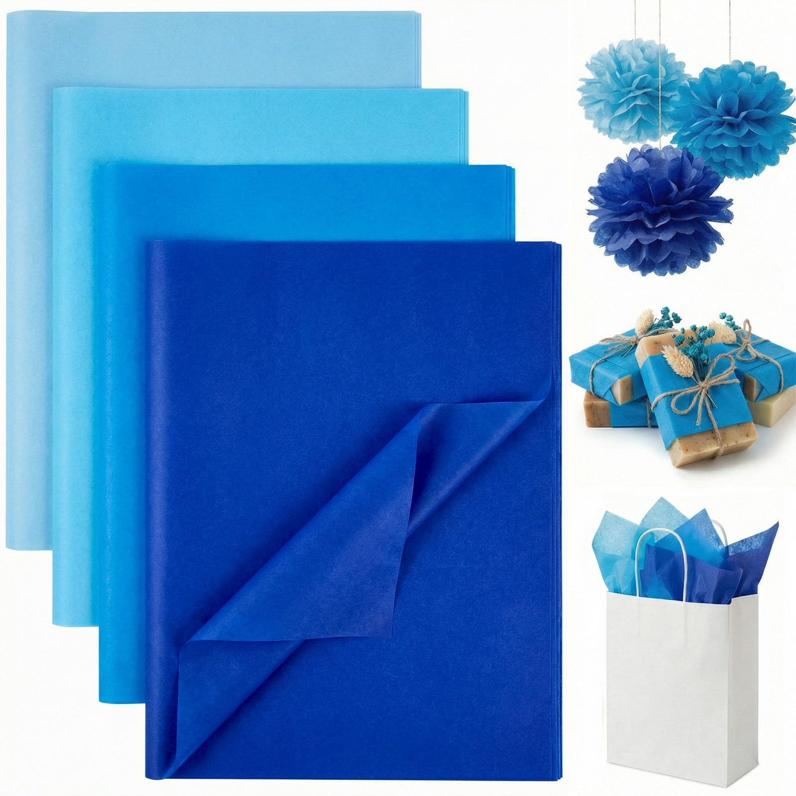 Koogel 320 Sheets Blue Tissue Paper, 14×10 Inch Tissue Paper for Gift Bags Light Navy Baby Blue Wrapping for DIY Crafts Christmas Party Holiday Decorations