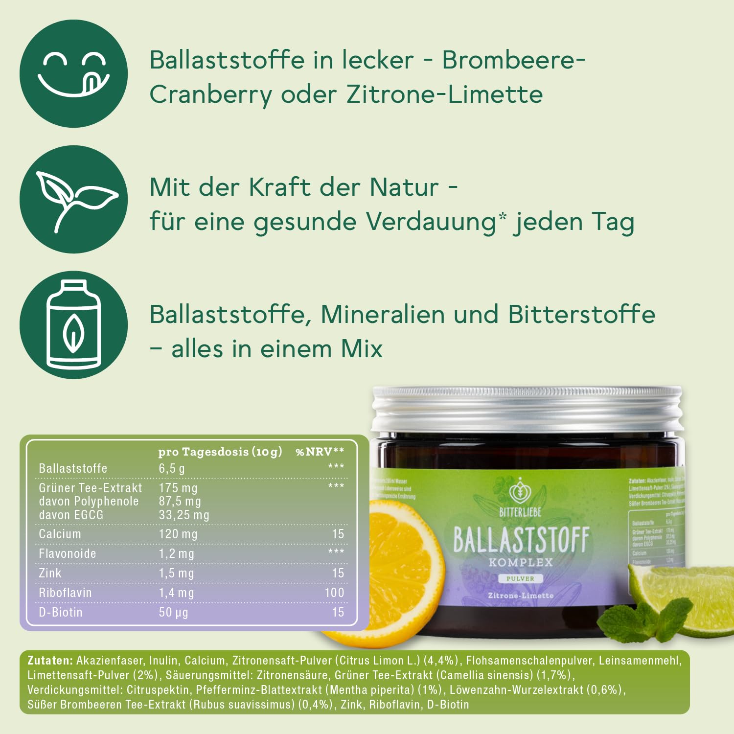 BitterLiebe Ballaststoff Pulver mit Zitronen Geschmack - Mix aus Flohsamenschalen gemahlen, Inulin (Präbiotika), Apfelfaser und Akazienfaser - Multi Ballaststoff Komplex, perfekte Darmkur - 2x300g