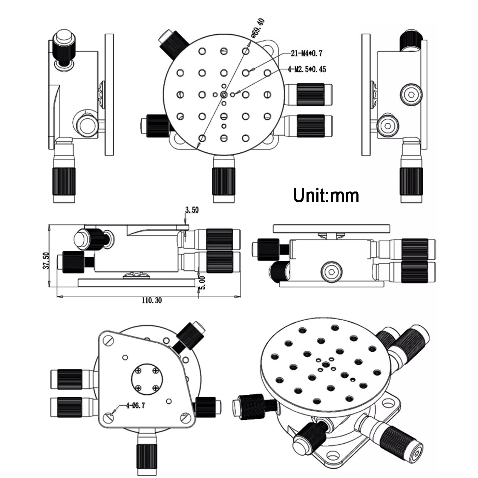 Etapa de desplazamiento manual del eje R con ajuste fino y plataforma de corte micrométrica de aleación de aluminio para maquinaria de producción, paso ± 4,1°, capacidad de carga 1 kg