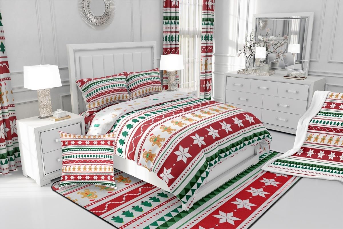 Feelyou Merry Christmas Bedding Set Soft for Boys Girls, Gingerbread Man Comforter Set Queen Size Duvet Quilt Microfiber Striped Bedroom Decor 3 Pcs with 2 Pillow Cases