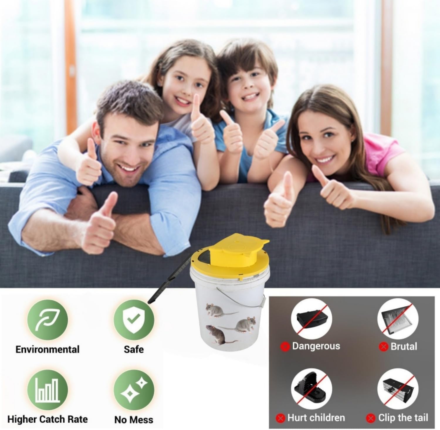 Mouse Bucket Trap, Auto-Reset Bucket Lid Mouse Trap, 5-Gallon Compatible, Efficient for Mouse Rat Indoor and Outdoor(2Packs)