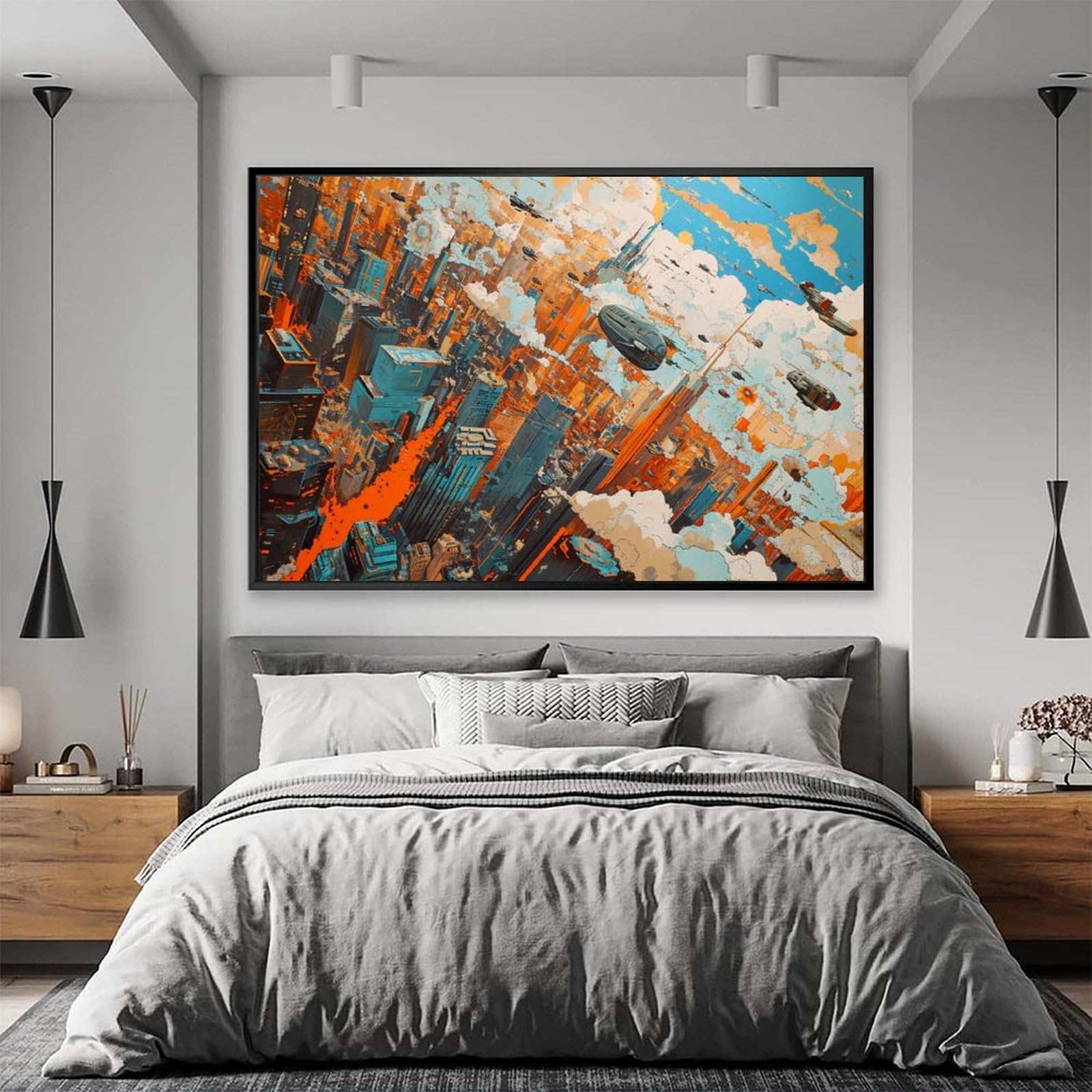 都市風景 油彩画 装飾的なフレーム付き Amazon.co.jp: 絵画 未来都市アートインテリア 絵画 魅力的な