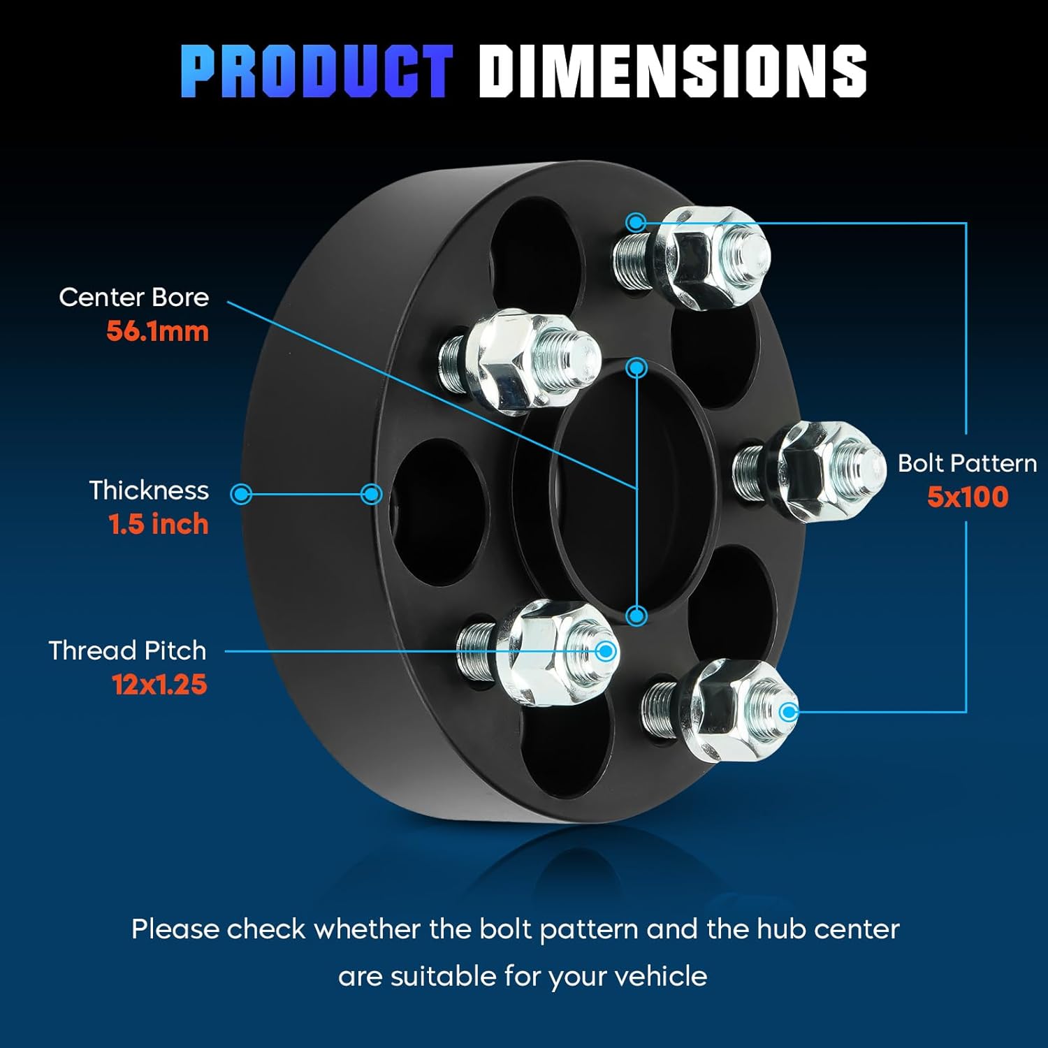 5x100 1.5'' Wheel Spacers Fit for Subaru Forester 2003-2018, Outback 2005-2014, Legacy 1990-1991/1995-2014, 56.1mm Bore Forged Wheel Adapters with 12x1.25 Studs Fit for Toyota 86 2017-2020, 4PCS - Image 2
