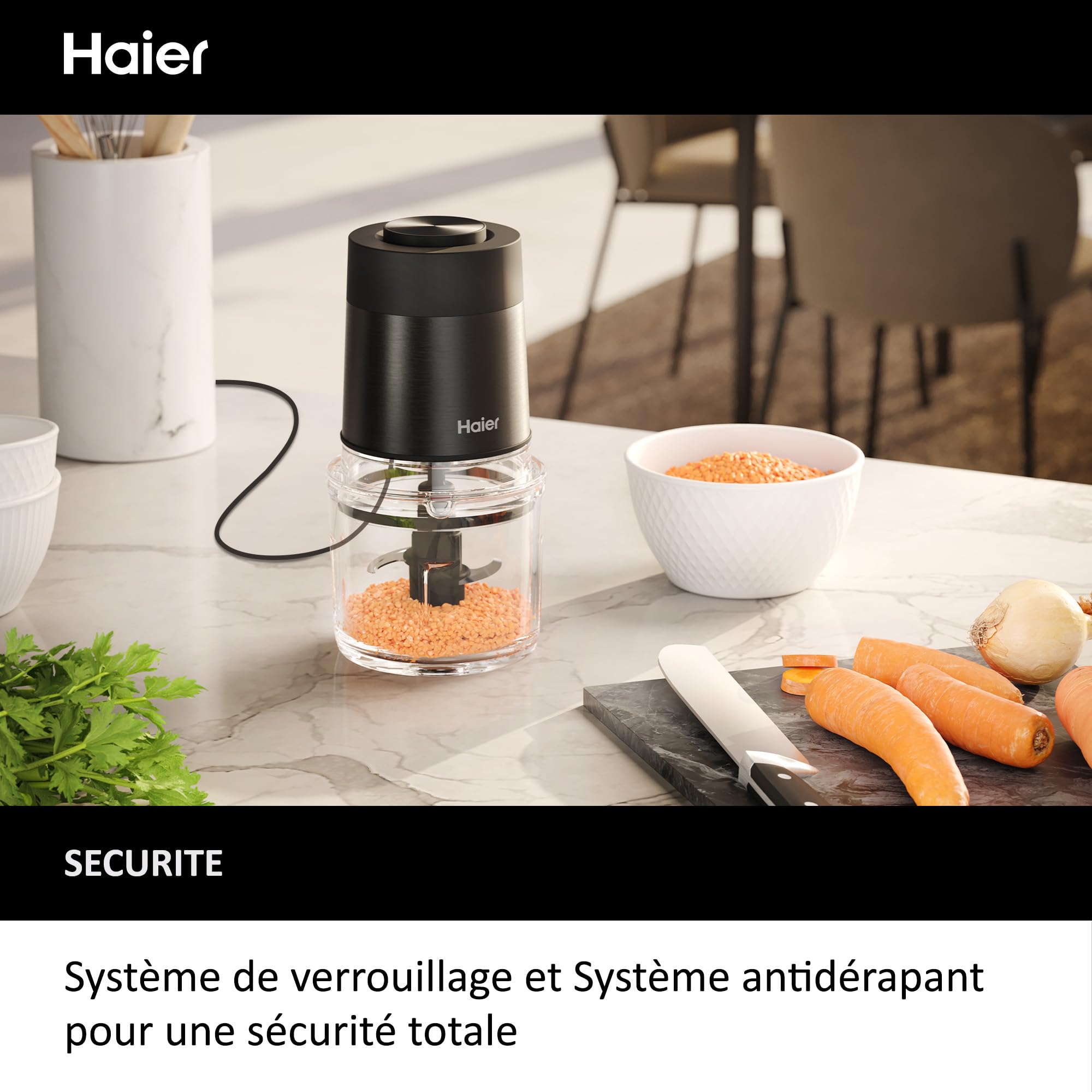 Haier I-Master Series 5 Mini-Hachoir, Puissant 550W, 2 Vitesses, Hachoir de Légumes, Base Antidérapante, Bol en Verre de 0,5L [Noir]