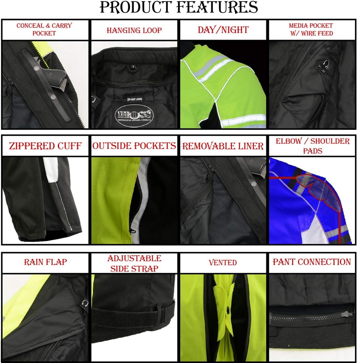 M-Boss Apparel - Men's High Visibility Green Waterproof Moto Jacket w/Armor : Clothing, Shoes & Jewelry