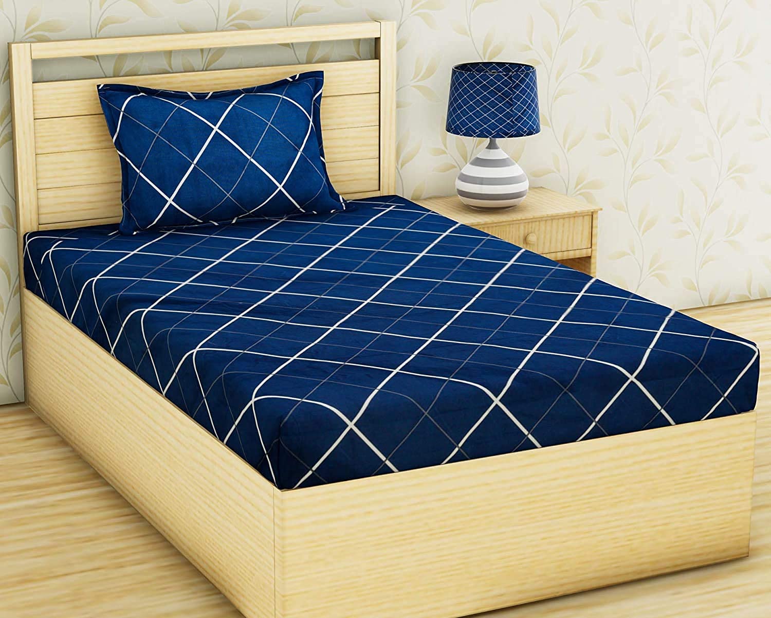DECOMIZER Cotton Feel All Around Elastic Fitted Glace Printed Single Bed Bedsheet with 1 Large Pillow Cover Fits Upto Mattress of 6 Inches,Size - 42 x 75 x 8 Inches, Design - Blue White Lines