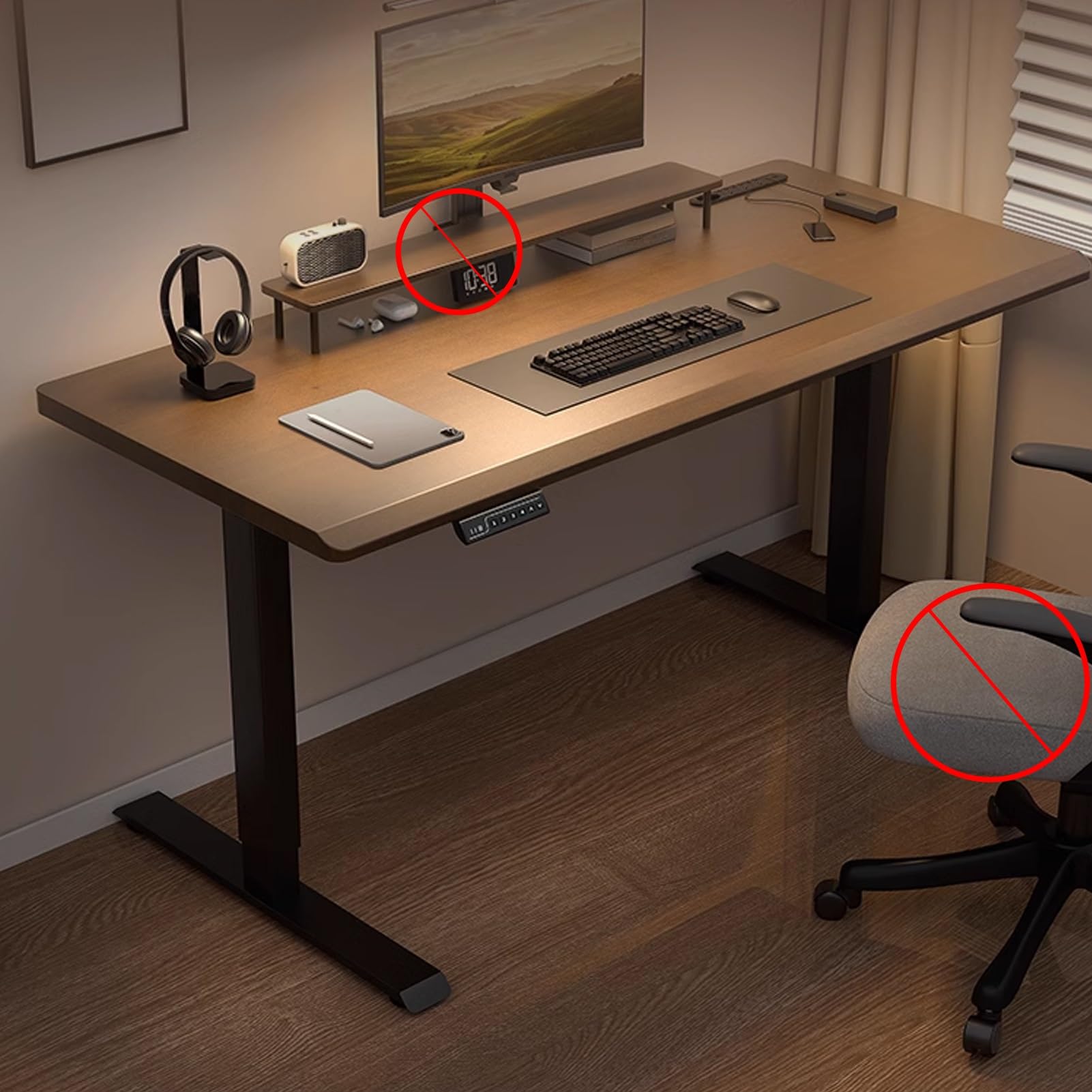 MYUYEE Brown Sit Stand Desk, Adjustable Standing Desk With Headphone Holder, Rotating Cup Holder And Adjustable Foot Pad, Computer Desk With 4 Memory Preset, For Home Office (55.1In)