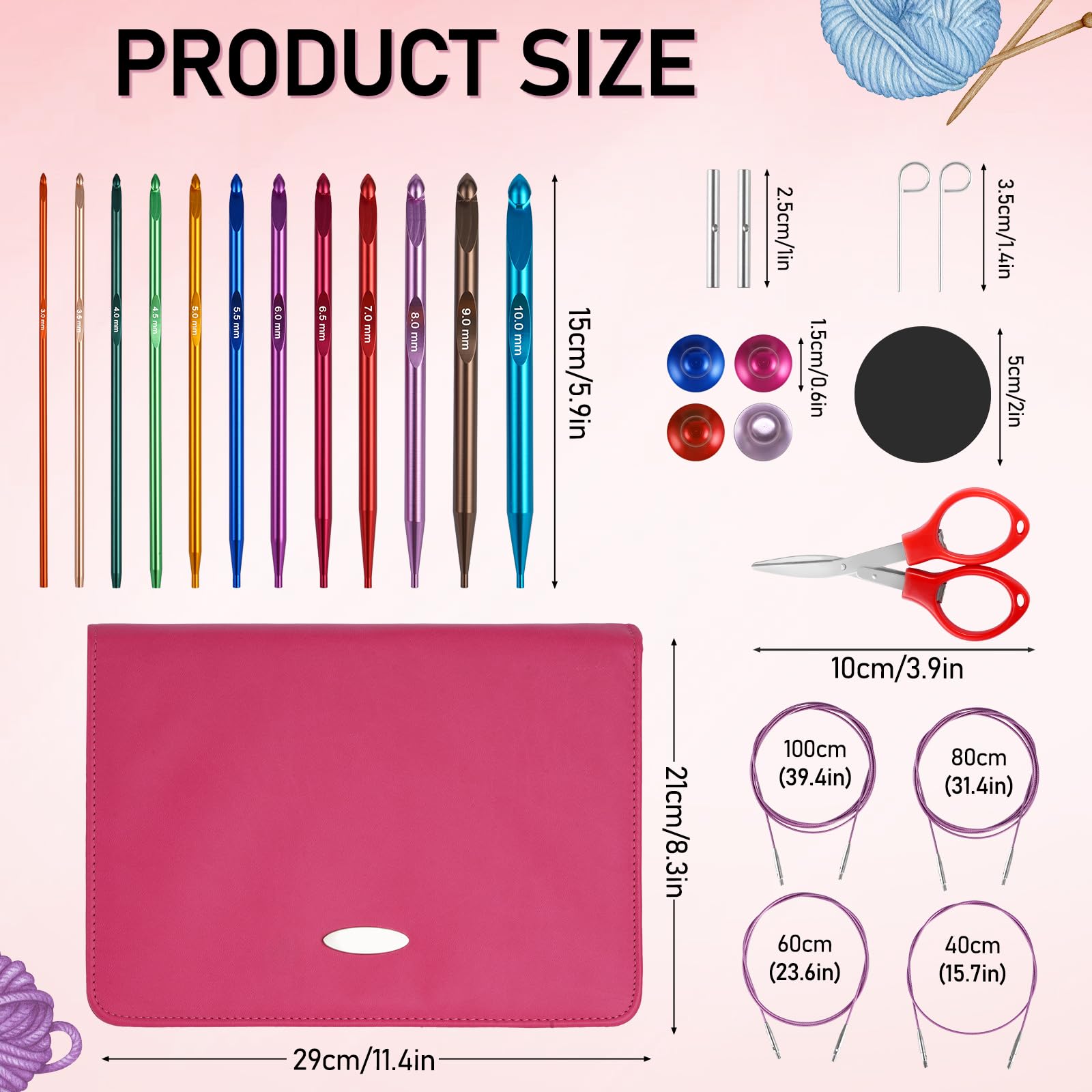 JURTMY Tunisian Crochet Hooks Set with Cable, 12 Piece Interchangeable Tunisian Crochet Hook 3mm-10mm Metal Tunisian Crochet Hooks for Crocheter (Multicolor)