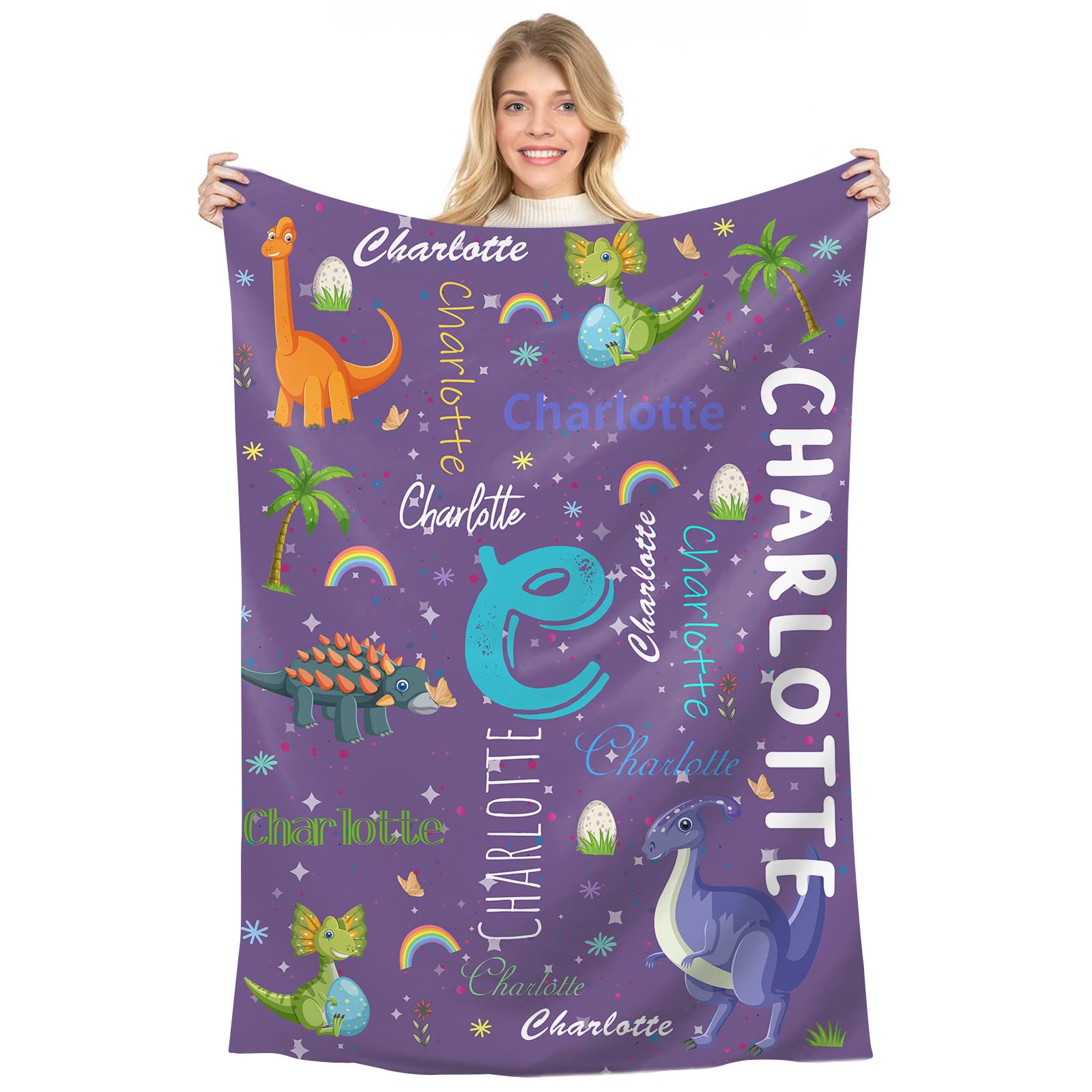 Naispanda Personalised Dinosaur Fleece Throw Blanket for Children Kids Boys Girls Custom Blankets with Name Baby Blanket Gift for New Mother Customise Name Cute Cartoon Customised Throws