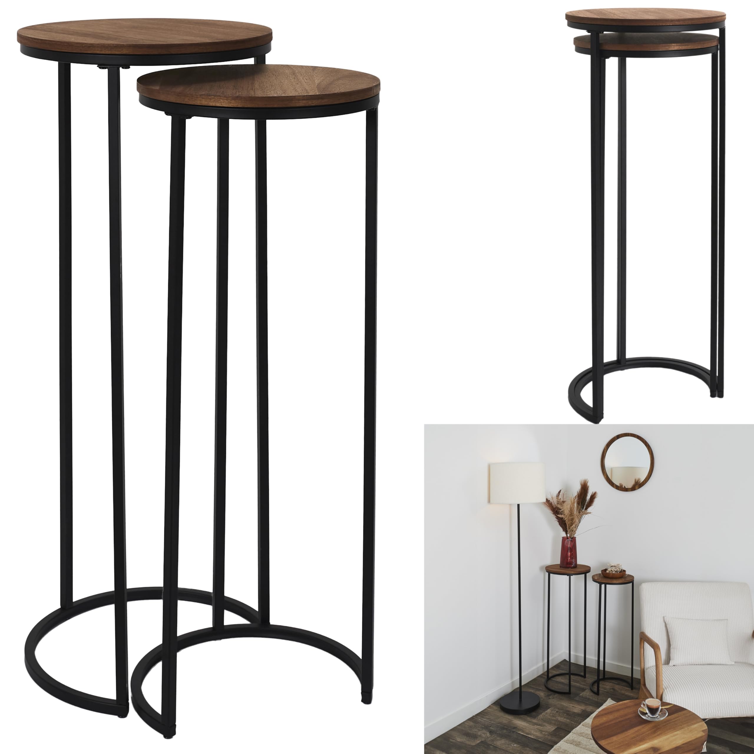 HOME DECO FACTORY Lot de 2 Sellettes Gigognes Softness Table et Bureau Noir | Lot de 2 sellettes gigognes, collection Softness, table d'appoint et bureau, gain de place, 32,5x80x32,5 cm, noir et marron