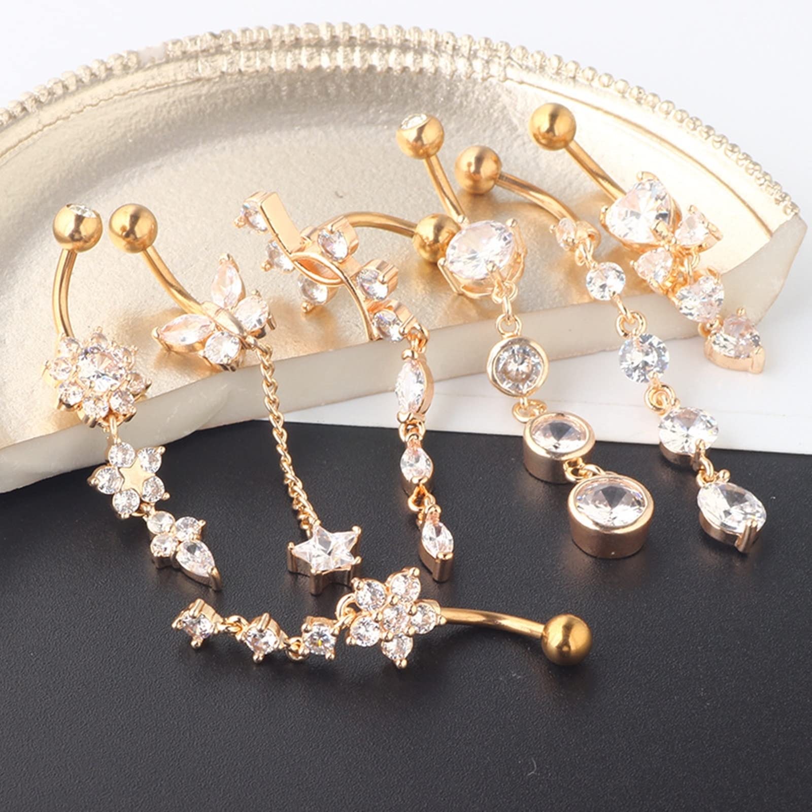 Piercing Banane, Bauchnabelpiercing Glitzer Edelstahl 7 Stück 14G Weiß Rund Zirkonia Blumen Stern Schmetterlings Herz Quaste