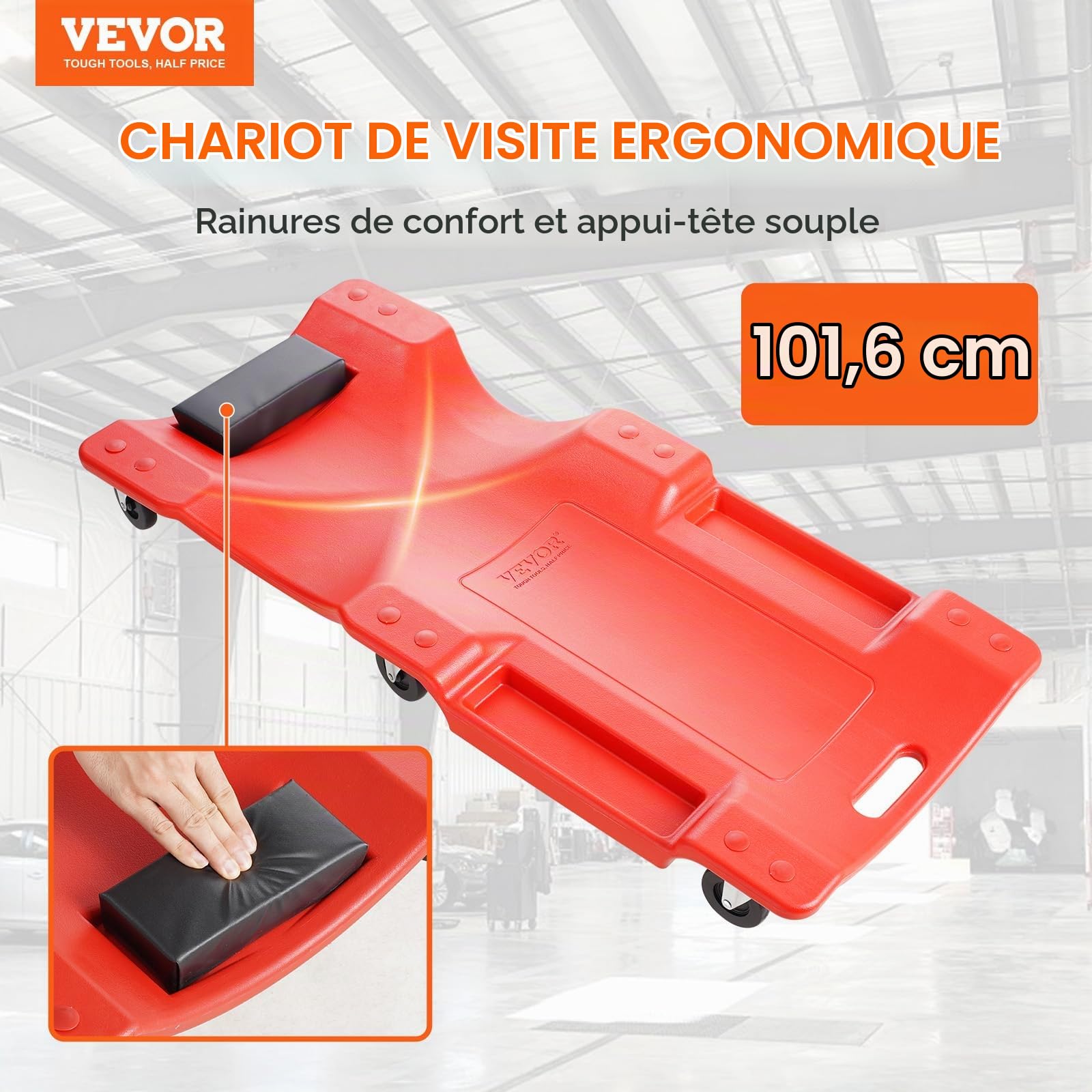 VEVOR Chariot de Visite 101,6 cm, Chariot de Mécanicien Charge 158,8 kg, en Plastique Moulé en PEHD, avec Appui-Tête Rembourré, 2 Plateaux à Outils et 6 Roues, pour Garage, Atelier, Réparation Auto