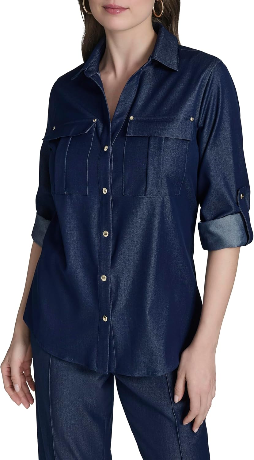 Halston Womens Roll-tab Sleeve Denim-Like Collared Top - Image 8