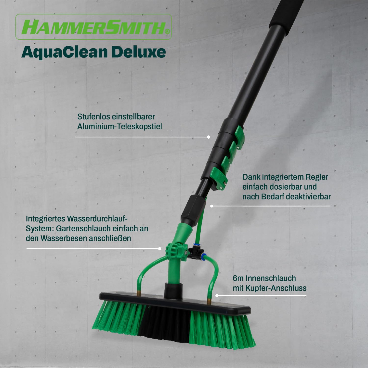 Hammersmith AquaClean Deluxe - Das Original aus dem TV - Besen mit Wasseranschluss - Waschbürste inkl. 3,6m Teleskopstiel - Wasserbesen - Fenster & Photovoltaik Reiniger