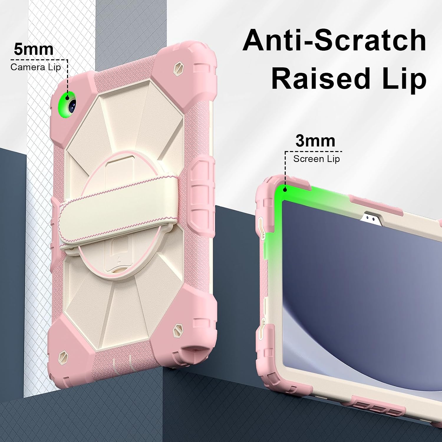 Case for Samsung Galaxy Tab A11+ 11 Inch 2025 (X230/X236B)/A9 Plus(X210/X216/X218), Heavy Duty Shockproof Rugged 360 Rotating Hand Strap Protective Case for Tab A11 Plus Rose Gold+Cream Stone image 5