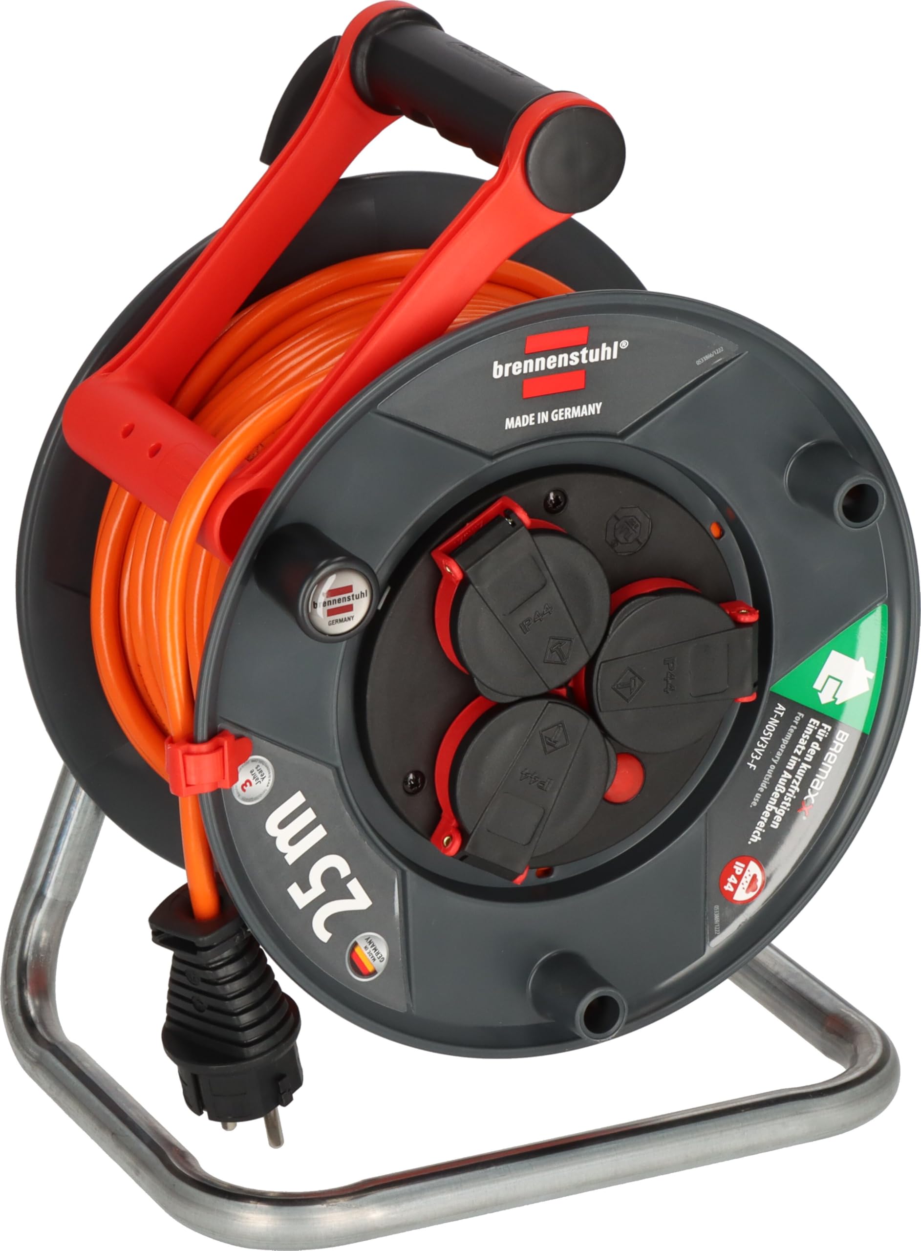 Brennenstuhl Garant V2 Enrouleur de câble, IP44, 25 m, pour l'extérieur, certifié TÜV-Süd (fabriqué en Allemagne, câble de couleur orange, utilisation à court terme en extérieur)