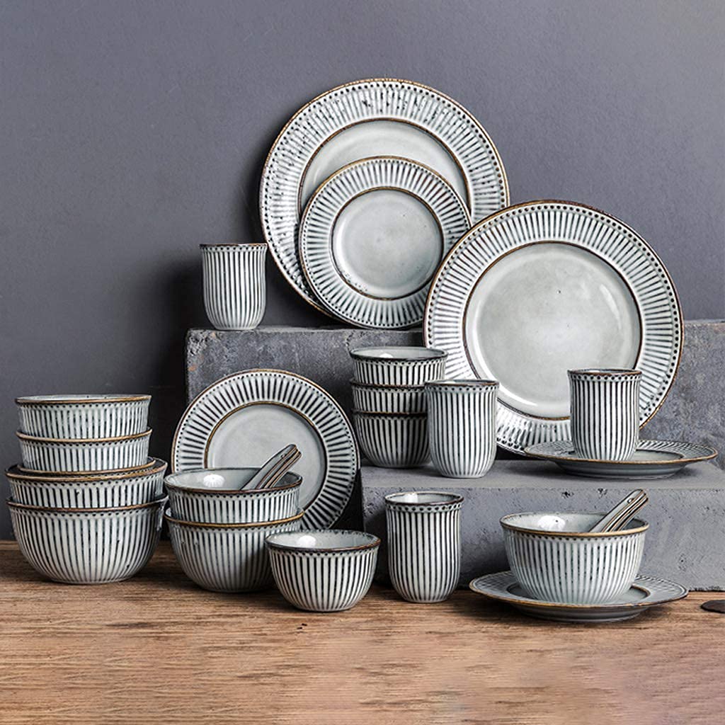 Zestaw obiadowy, Zestawy obiadowe ceramiczne, 38 elementów, retro tłoczone pionowe paski, zestaw obiadowy, porcelanowa miska na płatki zbożowe, łyżka i talerz dla rodziny Gatheand Restaurant