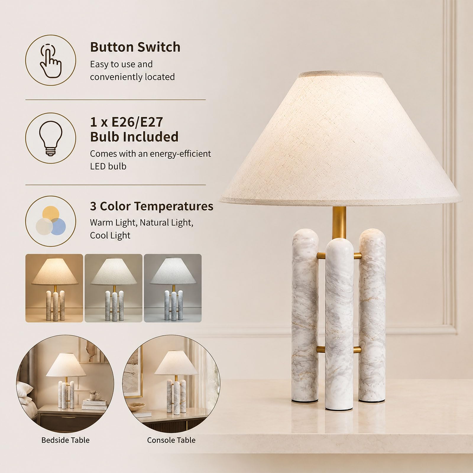 Lampada Da Tavolo In Alabastro Naturale 56 CM, Stile Mid-Century Modern, Vero Marmo; Comodino In Lino E27, Luce Notturna In Pietra A 3 Temperature Per Camera, Soggiorno, Ingresso E Ufficio