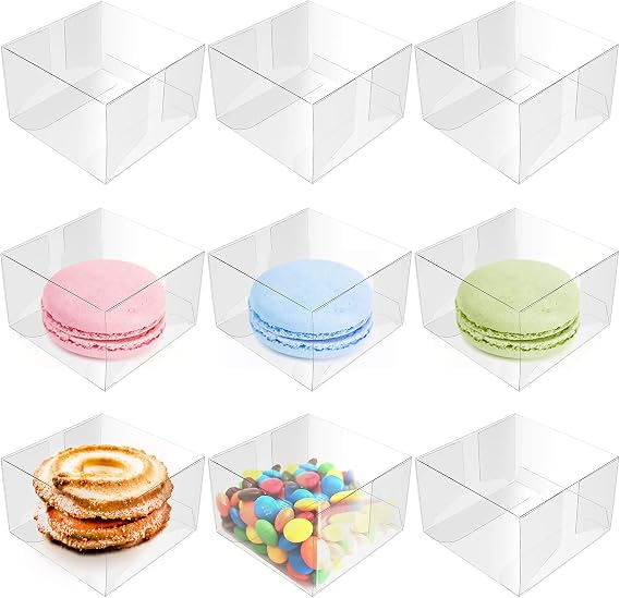 Nicunom 100 Pack Clear Macaron Boxes, Plastic Favor Boxes, 2.17 x 2.17 x 1.38 Bakery Boxes Candy Containers for Chocolate Cake Desserts Cupcakes Cookies Muffins Party Favors Packaging
