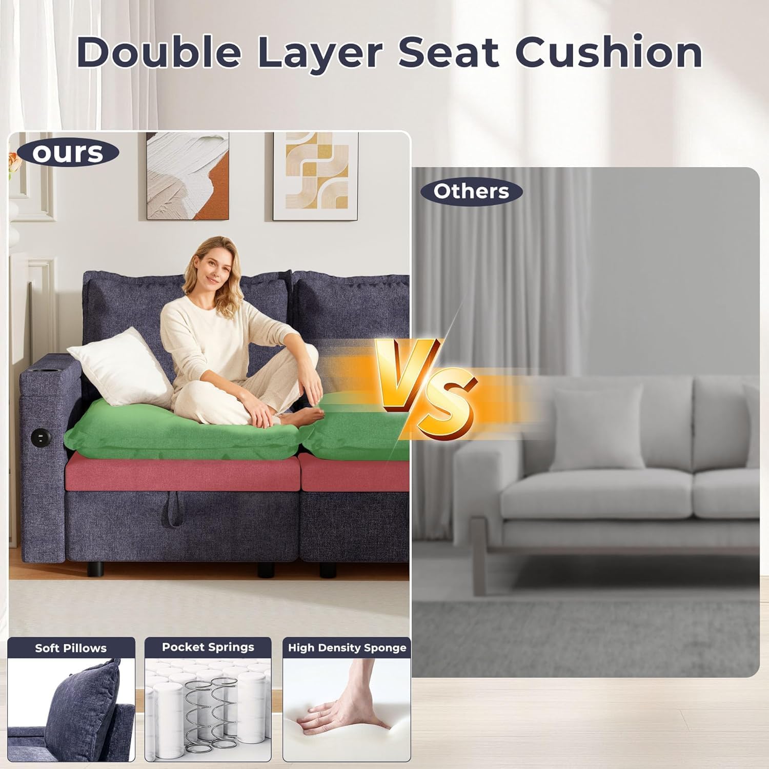 Modular Sectional Sofa, 27.12" Storage Ottoman Module for Modular Sectional Sofa, Living Room Coffee Table Ottoman Footrest for Convertible Sectional Couch, DIY Combination, Grey