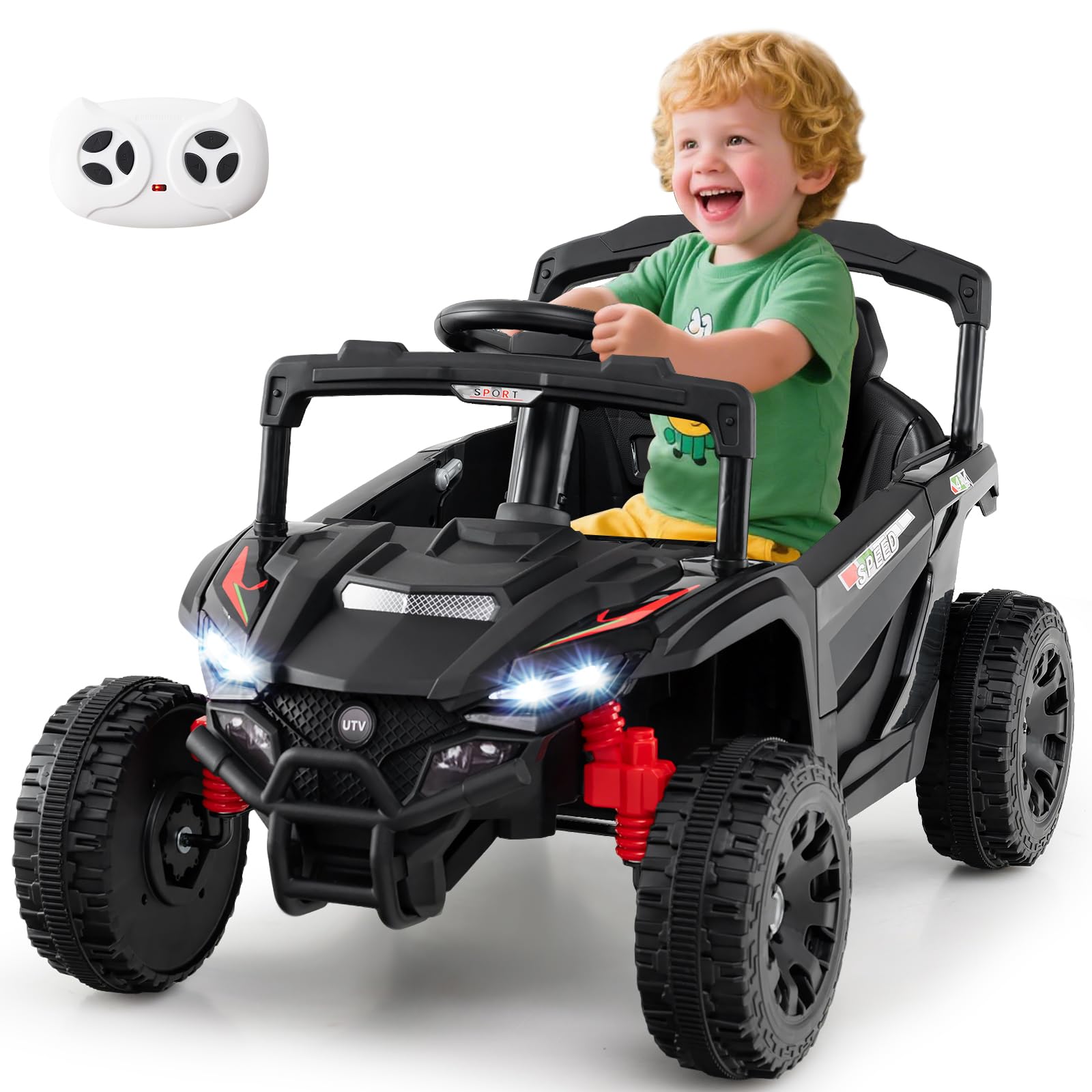 COSTWAY 12V Elektroauto Kinder, Elektrischer UTV-Truck mit Fernbedienung, 3 Geschwindigkeiten, LED-Lichter, Musik, Hupe & Federung, Kinderauto Kinderfahrzeug für Jungen & Mädchen ab 3 Jahren (Schwarz)
