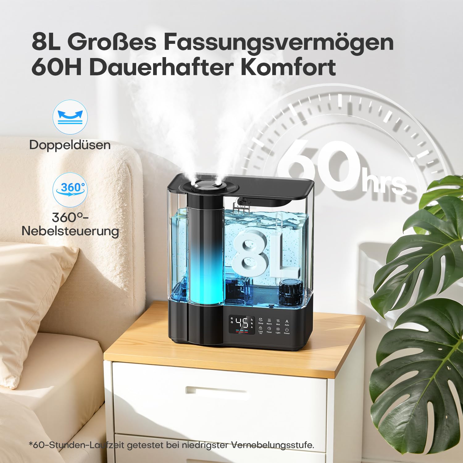 AROEVE 8L Luftbefeuchter Schlafzimmer, Warm- & Kaltnebel Luftbefeuchter für große Räume, Befüllung oben, Aroma Diffusor, Hygrostat, 60H/25dB Leiser Raumluftbefeuchter für Baby Kinderzimmer Pflanzen