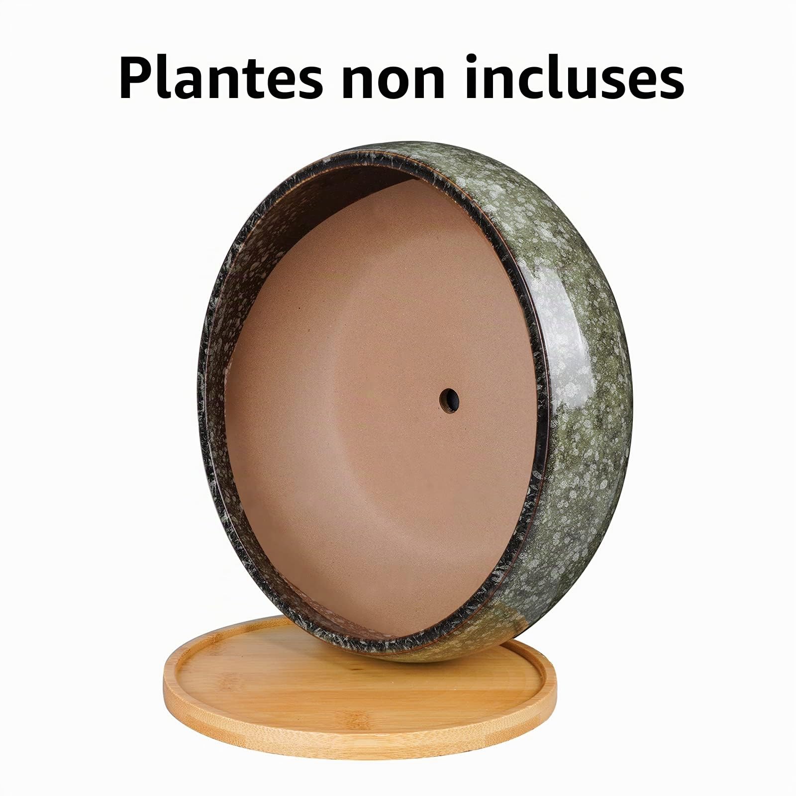 Pot de Fleurs en céramique émaillée de 20,3 cm avec Trou de Drainage et Soucoupe en Bambou pour Plantes d'intérieur, Vert