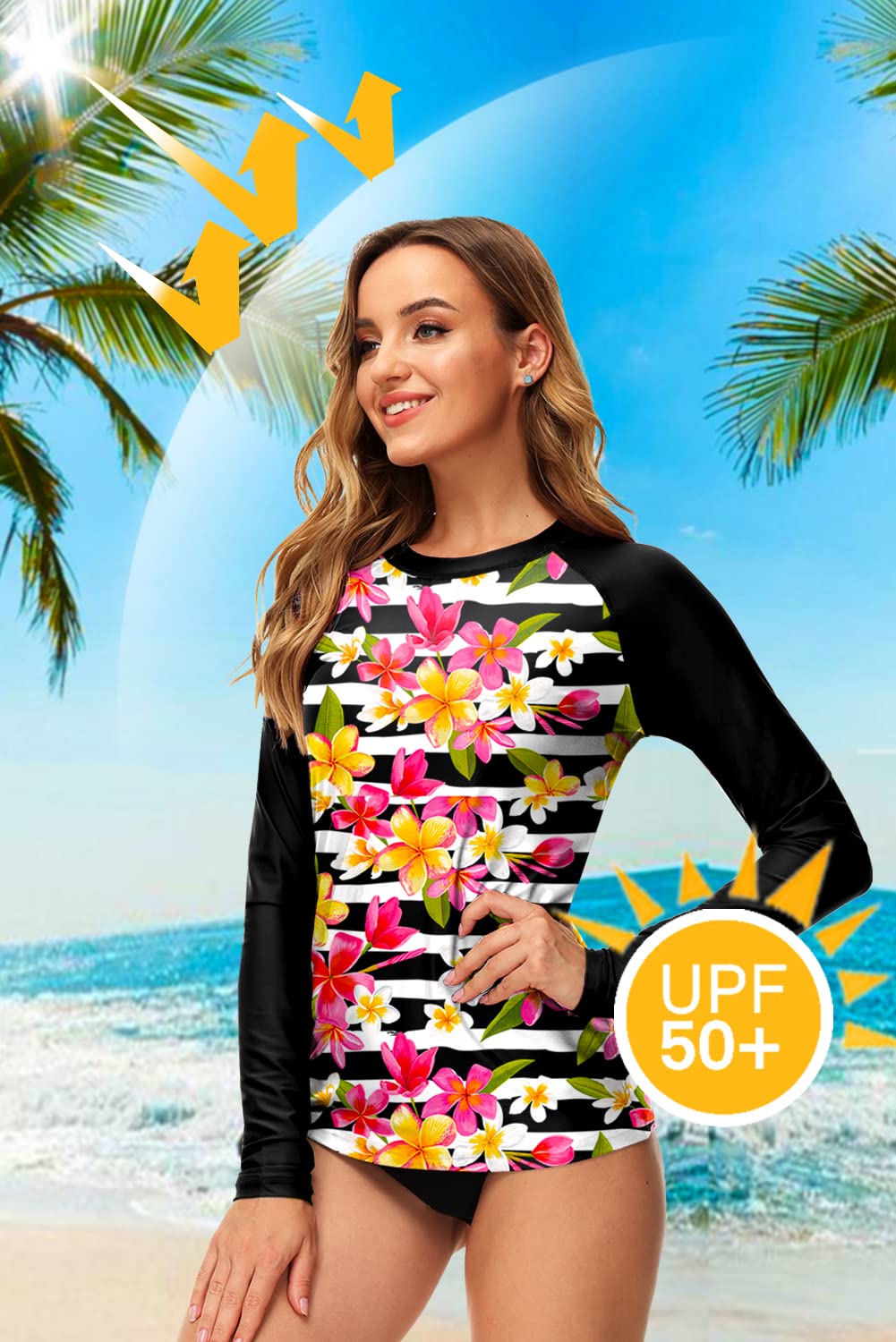Deerose Damskie koszulki kąpielowe z nadrukiem UPF 50+ Rash Guard Surf Swimwear Top