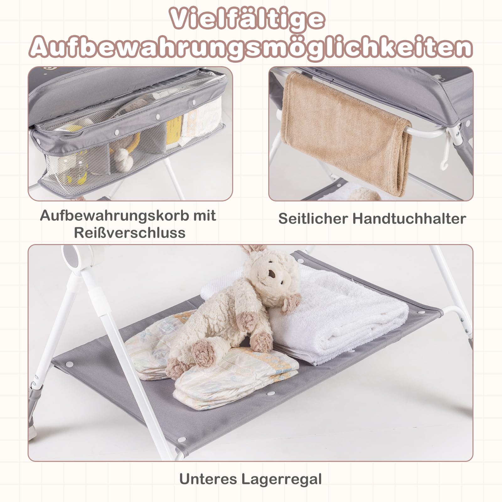 COSTWAY 3 in 1 Wickeltisch klappbar, mobile Wickelkommode mit Rollen, höhenverstellbar, Wickelauflage bis 11 kg (Grau)