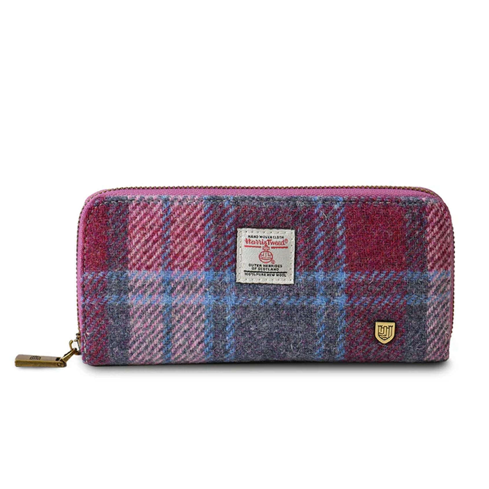 Islander HarrisTweed & PU Leather women’s long zip purse, Pink and Blue Tartan, Carry Cash & card, Scottish Style