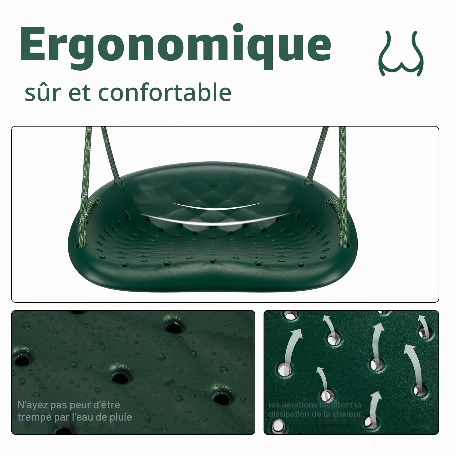 Balançoire d'extérieur en Plastique antidérapant pour Enfants/Adultes avec Corde réglable et Mousqueton, capacité de Charge de 250 kg, Accessoire de balançoire, Vert
