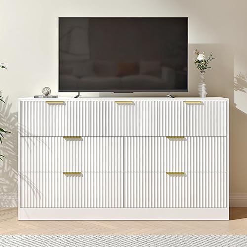 Miniatura 8 de Cómoda blanca con 7 cajones para dormitorio, cómoda acanalada de 55 pulgadas de ancho con asas doradas, cómoda moderna para dormitorio, armario,