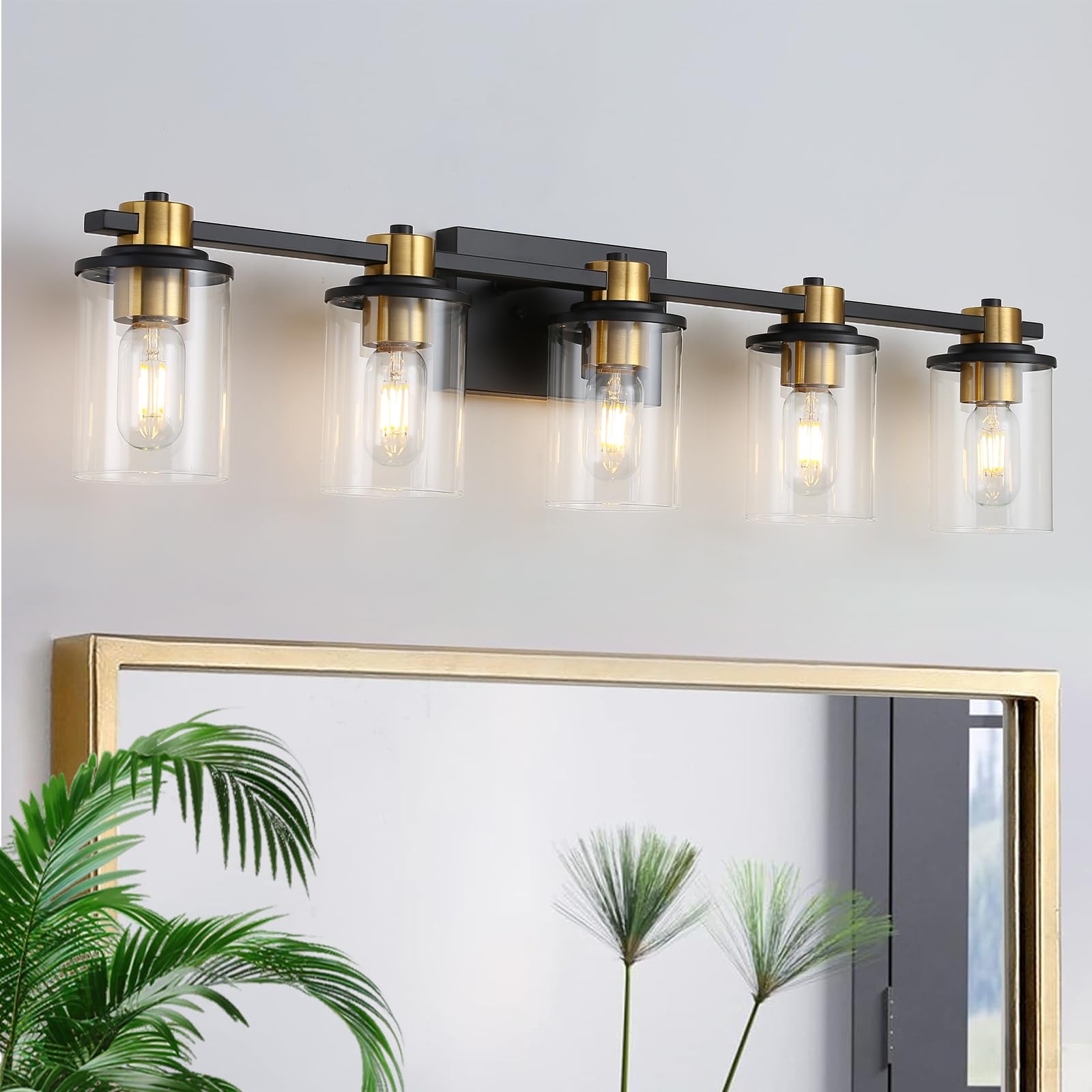 LOUSACE Bathroom Lighting Fixtures Black and Gold 5 Light Bathroom Vanity Light Over Mirror with Clear Glass Shades, Brushed Gold Socket Wall Vanity Lighting Fixtures for Bedroom Living Room