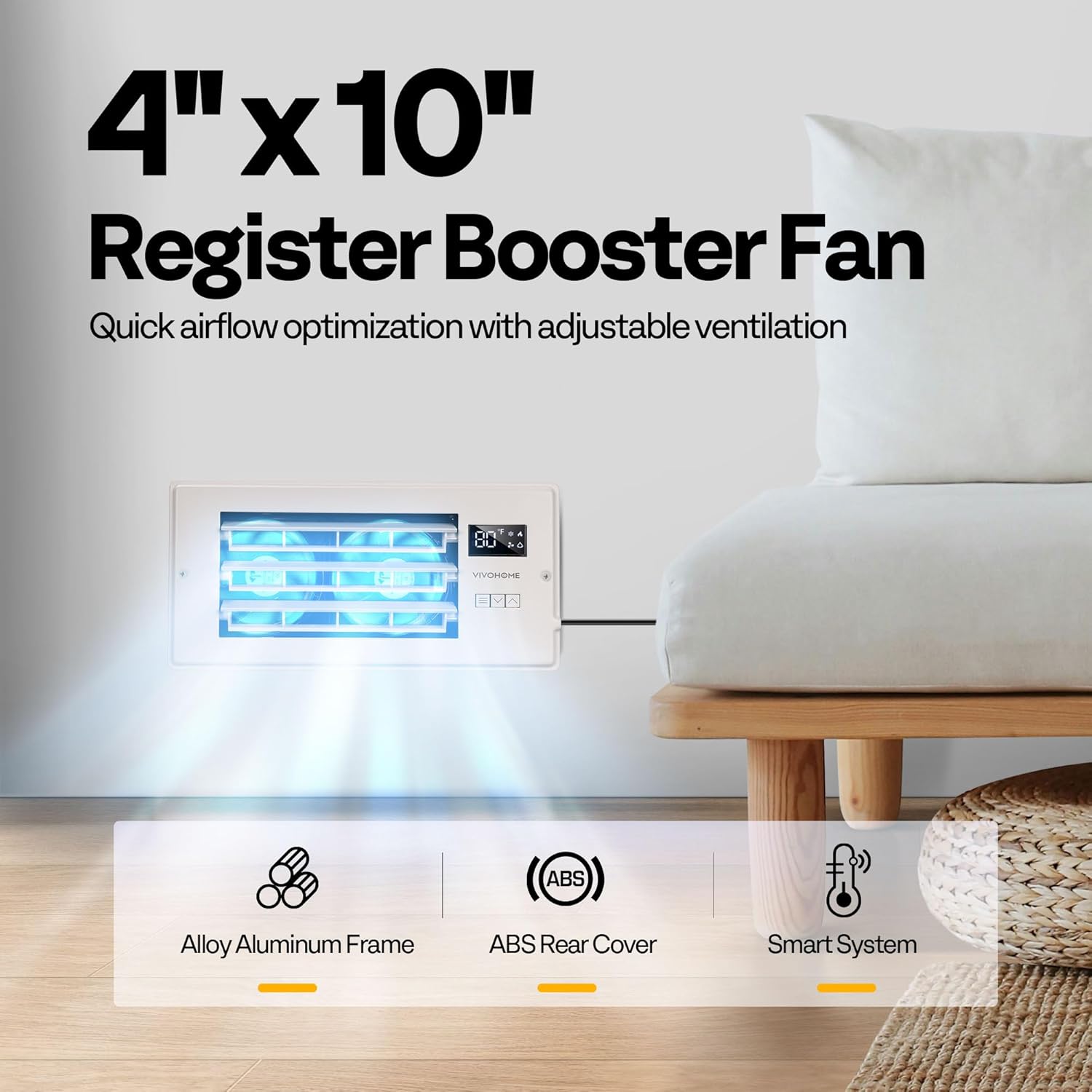 VIVOHOME 4'' x 10'' Opening Register Booster Fan with Adjustable Wind Direction Louver, Smart Intelligent Thermostat & 10-Speed Remote Control - 11.4" x 5.5" Vent Cover for Room, Floor, Wall - White - Image 7