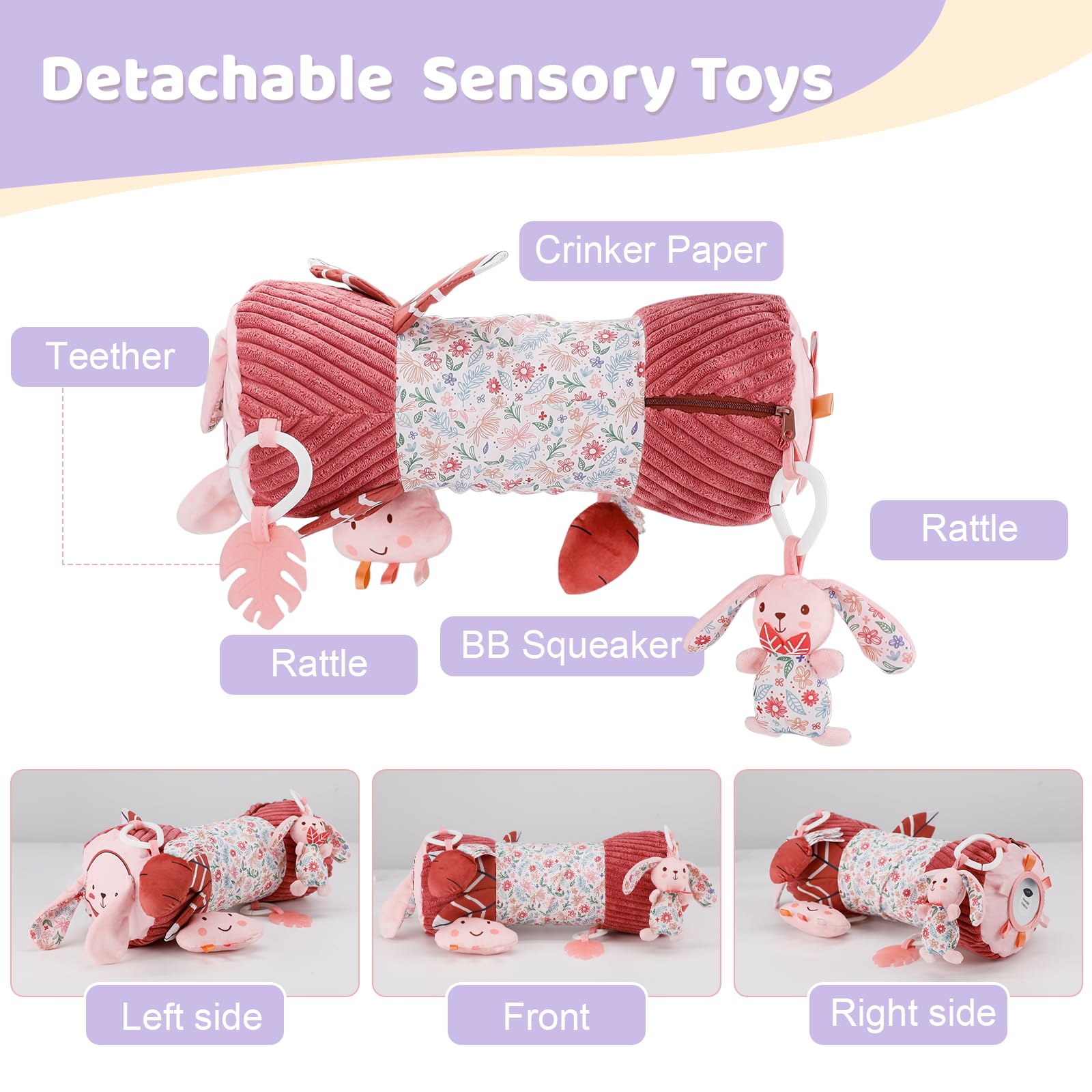 vocheer Tummy Time Pillow with Detachable Sensory Toys for Babies,Inflatable Design,Pink Rabbit - Image 4