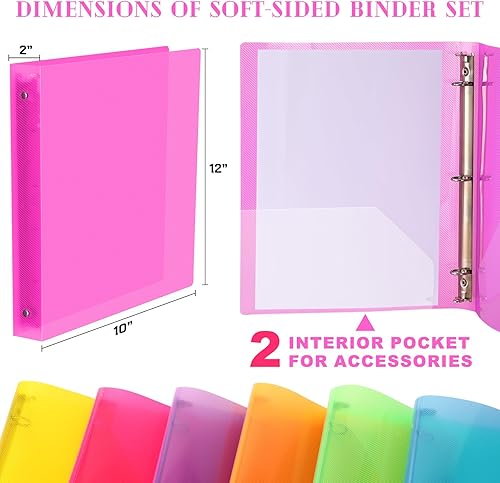 Miniatura 4 de Paquete de 6 carpetas de plástico de 3 anillos de colores surtidos, carpetas de anillos redondos esmerilados con bolsillo para oficina, escuela,