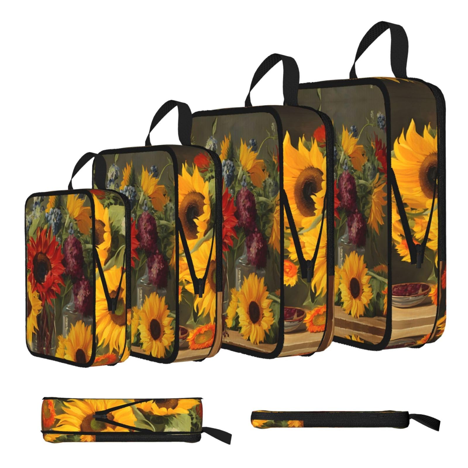 Ezdlowvba Black Yellow Sunflowers Print Compression Packing Cubes 4-Piece Set With Multi- Compartment Travel Bag, Waterproof Suitcase Organiser Bags