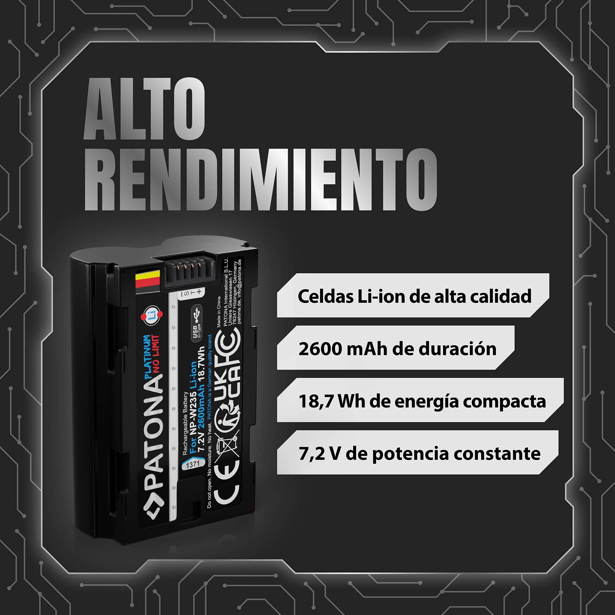 PATONA Platinum NP-W235 Batería 2600mAh USB-C Input Compatible con Fuji Fujifilm GFX-50s II GFX-100S GFX100 II X-H2 X-H2S X-S20 X-T4 X-T5 GFX 50 100 100S GFX50 XH2 XH2S XS20 XT4 XT5 NPW235 NP W235