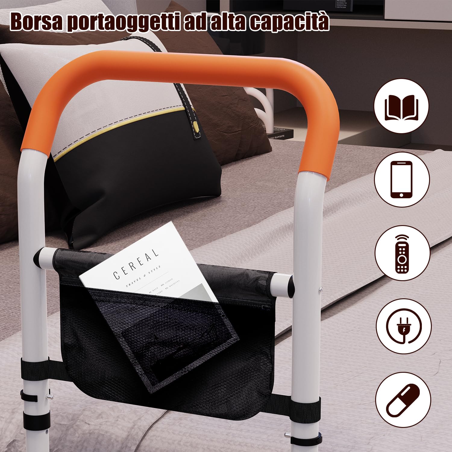 Zelvia Sponda letto Anziani, manico regolabile in altezza, con manico antiscivolo, luce a LED rimovibile con custodia, per anziani e pazienti di riabilitazione (Nero)